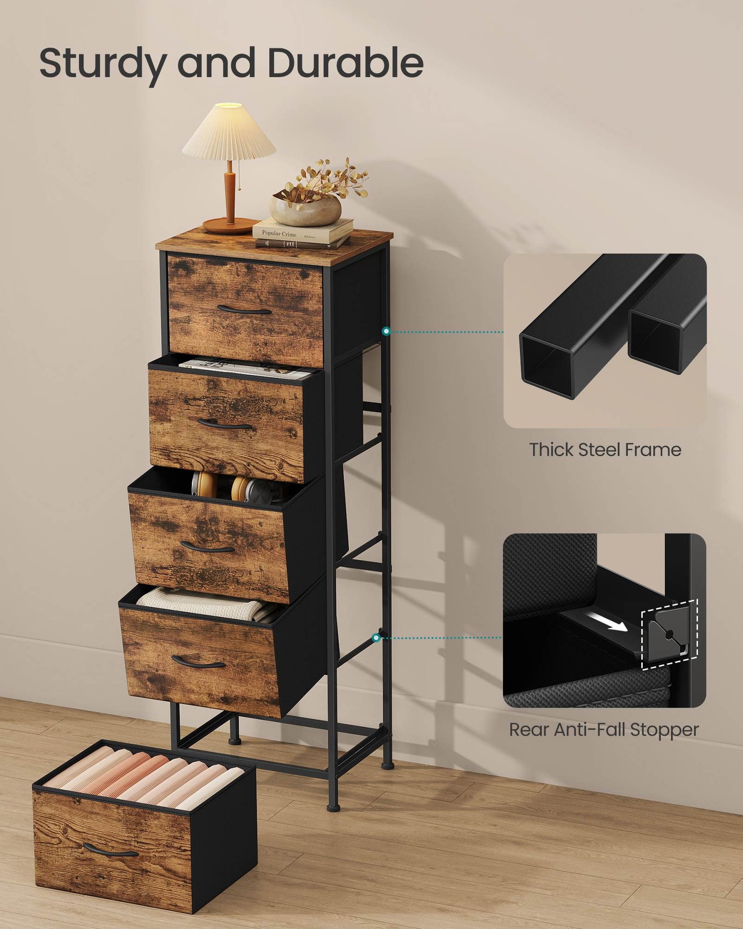 5 Drawer Dresser, Rustic Brown & Ink Black, Steel Frame, 46" Tall Storage Organizer