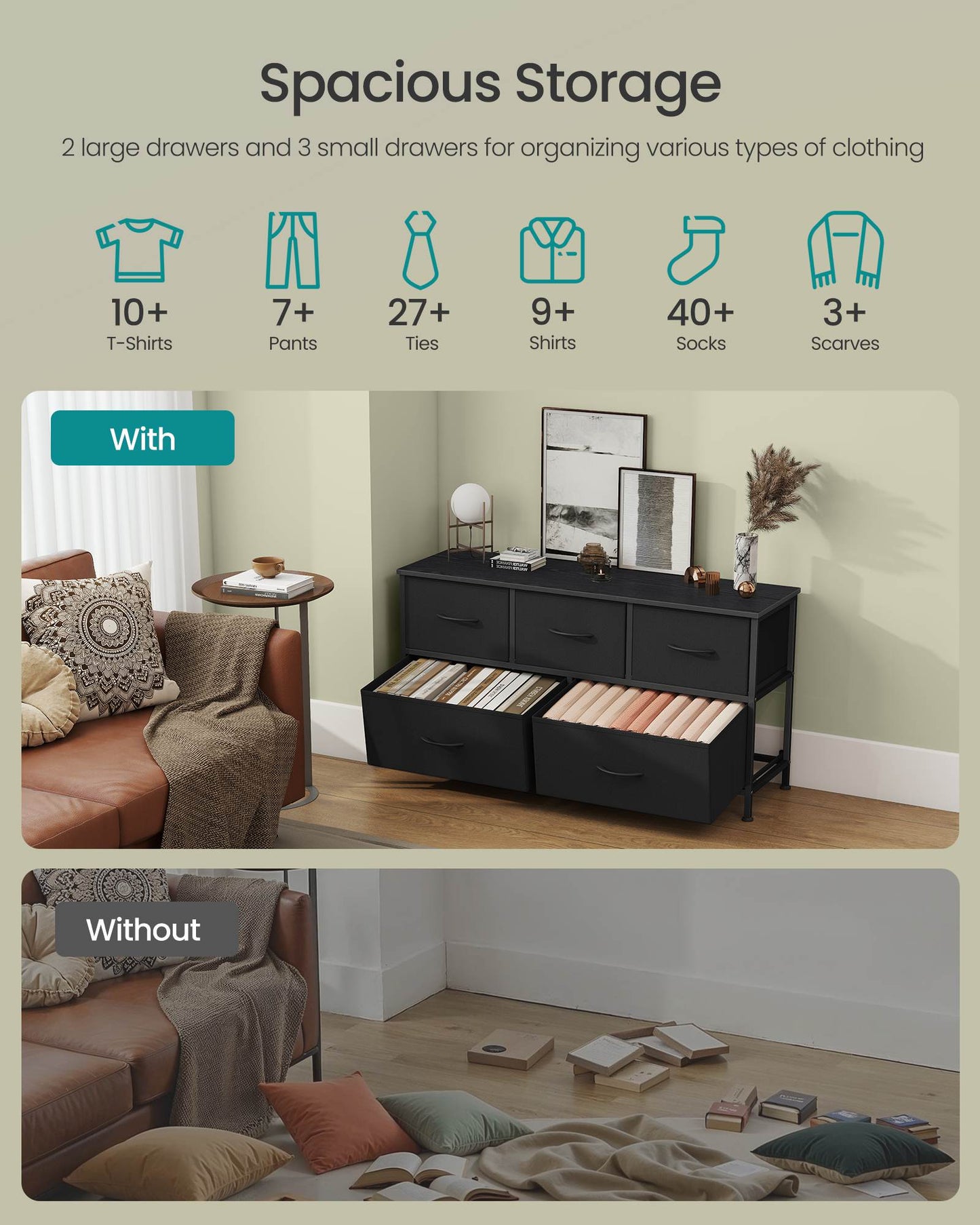 Dresser for Bedroom, 5-Drawer Storage Organizer & TV Stand, Ink Black, Steel Frame