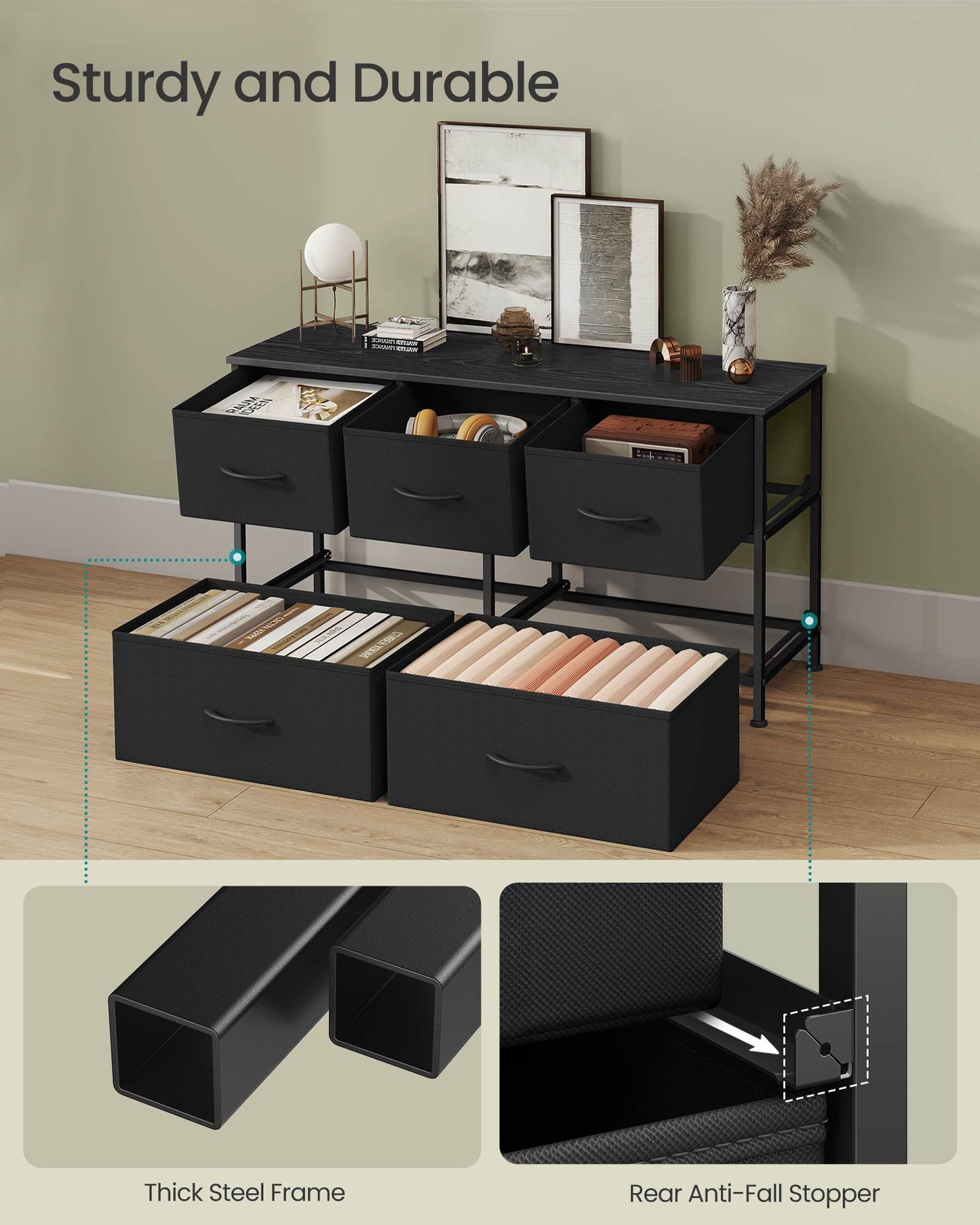 Dresser for Bedroom, 5-Drawer Storage Organizer & TV Stand, Ink Black, Steel Frame