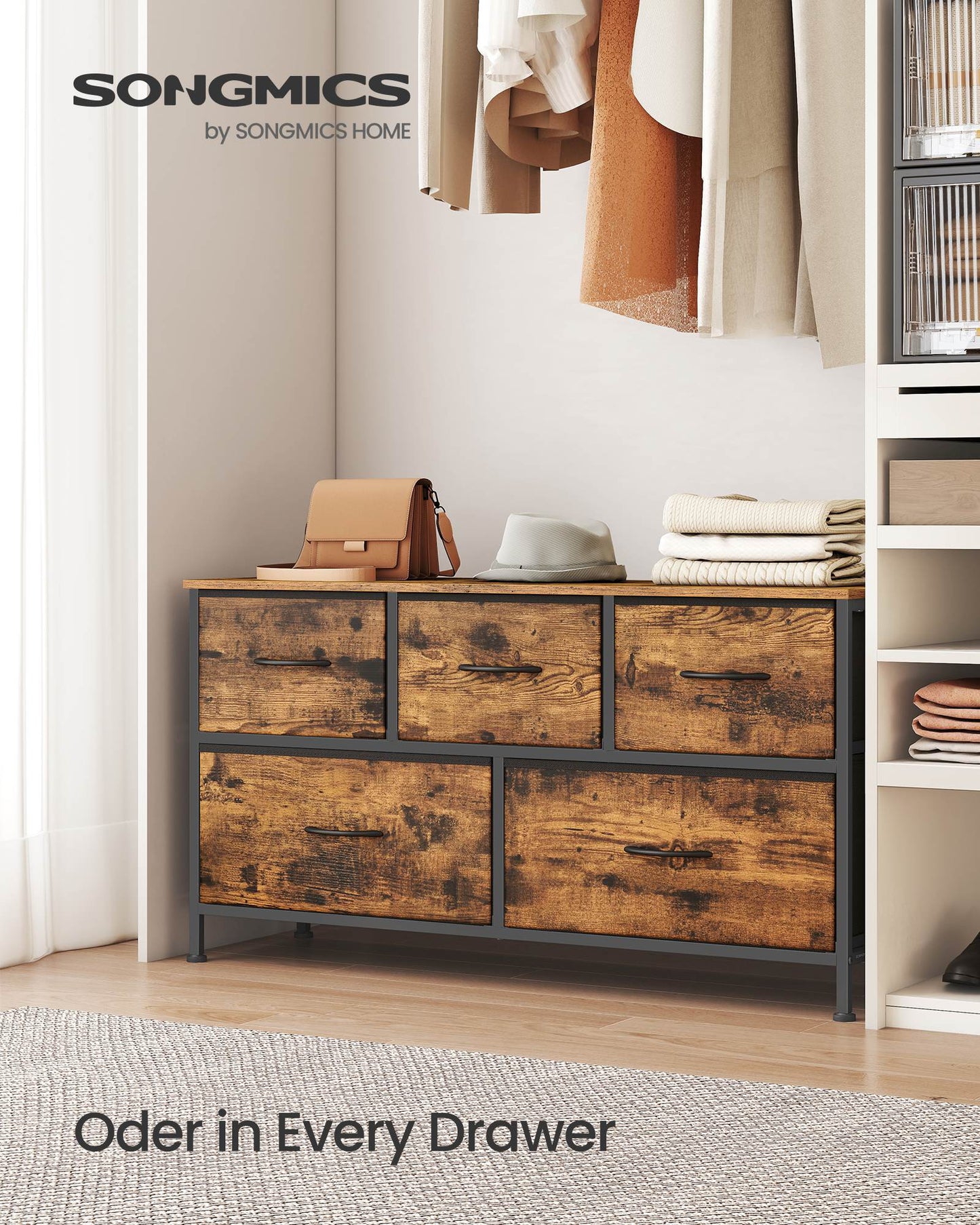 Dresser for Bedroom, 5-Drawer Storage Organizer & TV Stand, Rustic Brown, Steel Frame