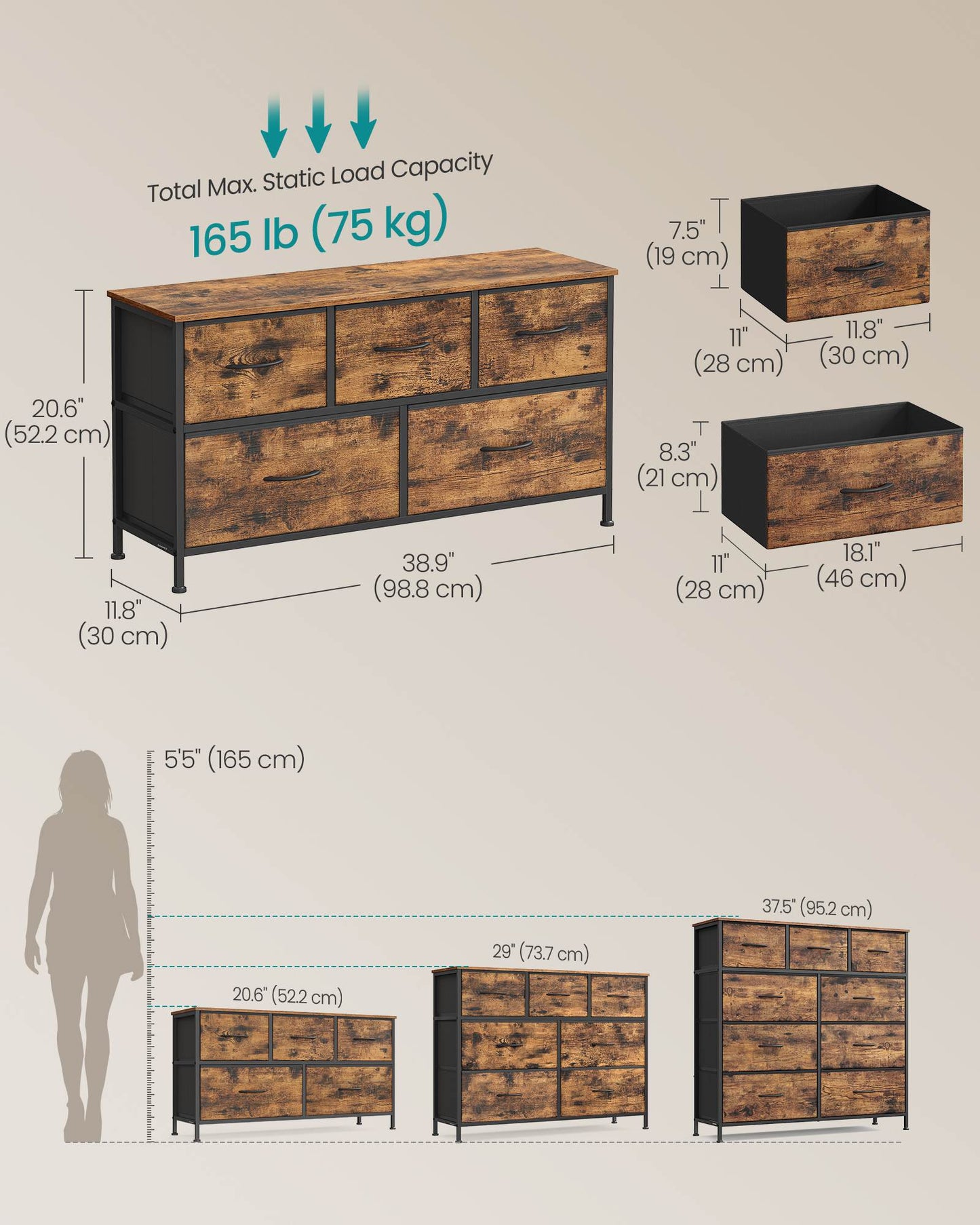 Dresser for Bedroom, 5-Drawer Storage Organizer & TV Stand, Rustic Brown, Steel Frame