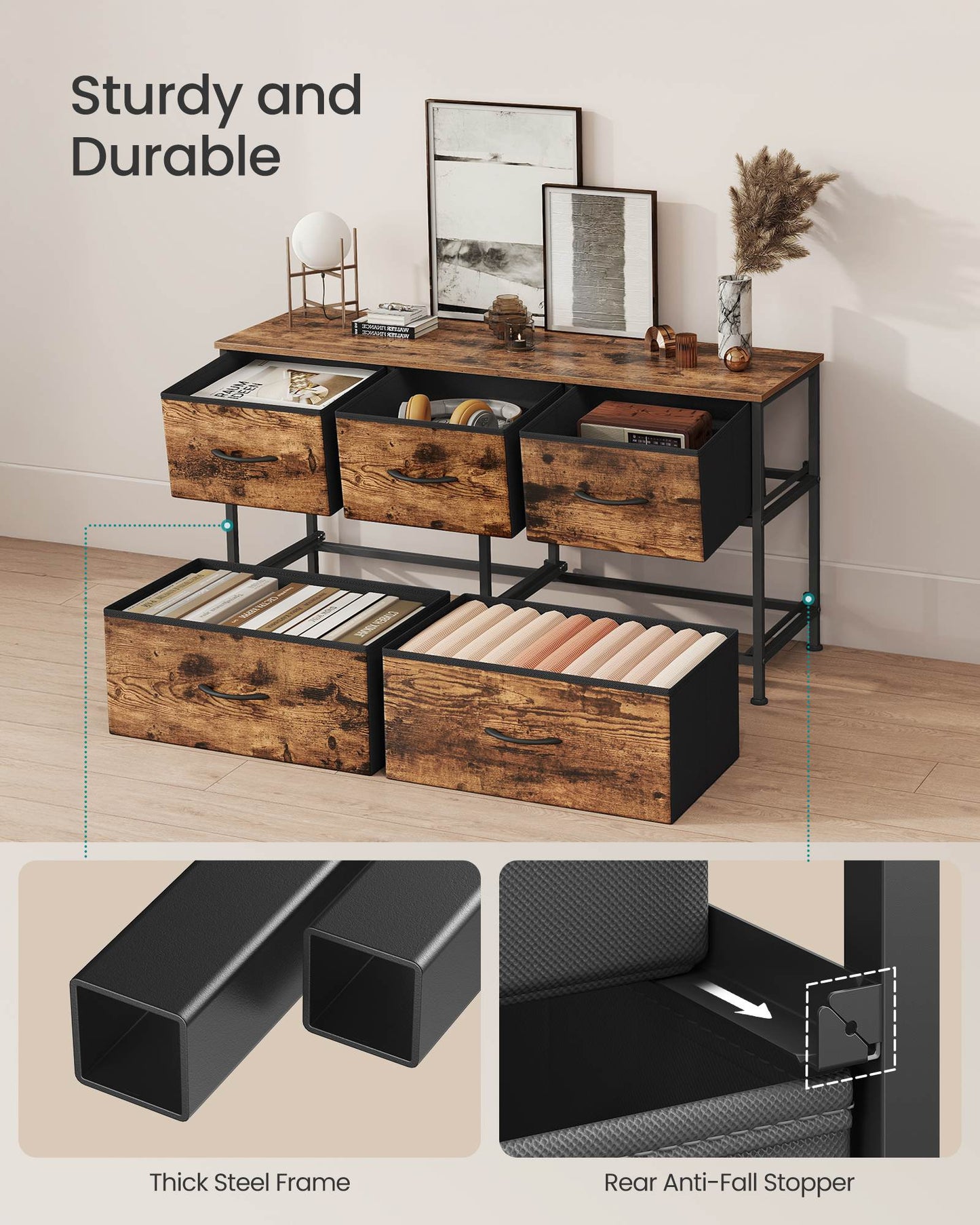 Dresser for Bedroom, 5-Drawer Storage Organizer & TV Stand, Rustic Brown, Steel Frame