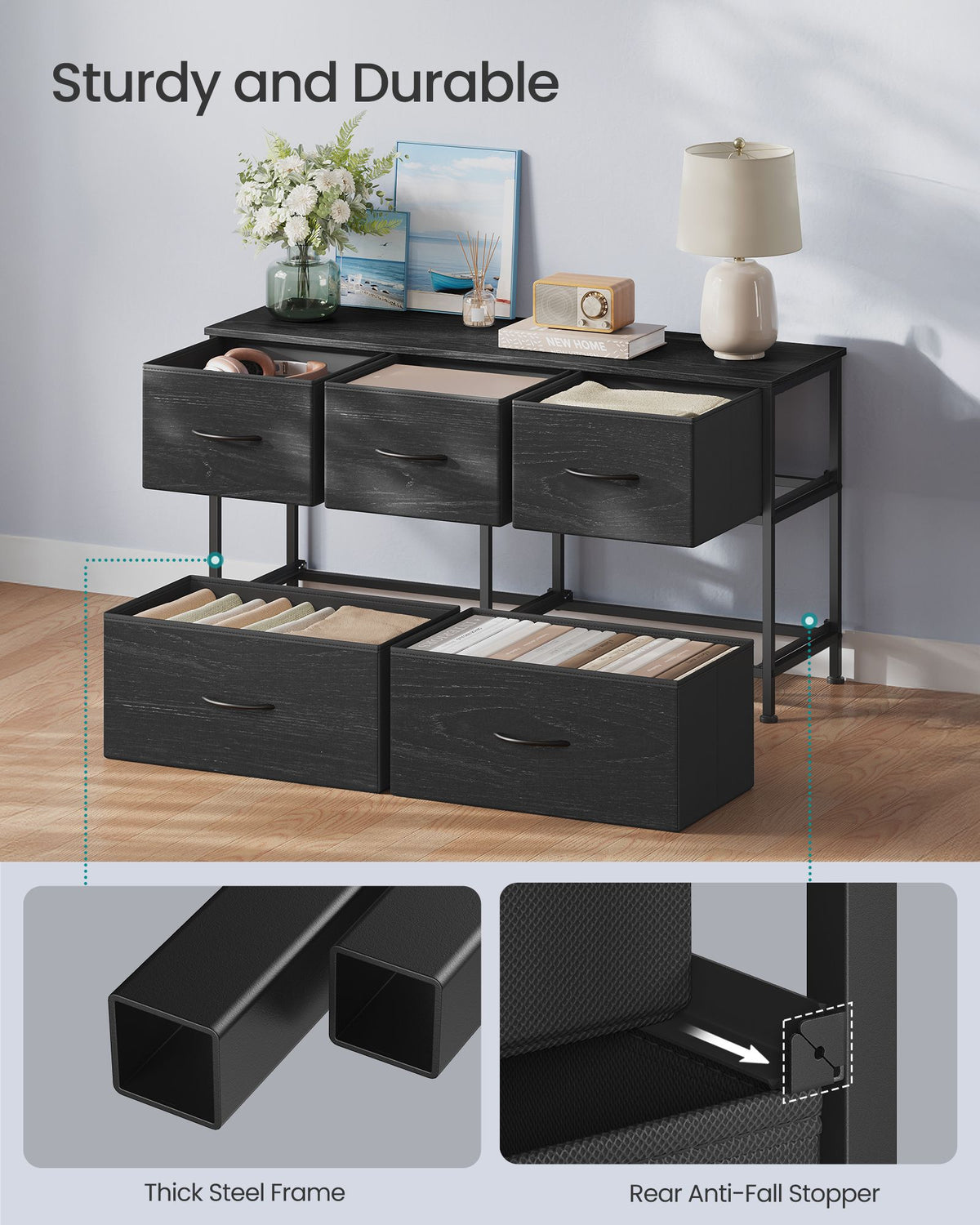 Dresser for Bedroom, 5-Drawer Storage Organizer & TV Stand, Rustic Brown, Steel Frame