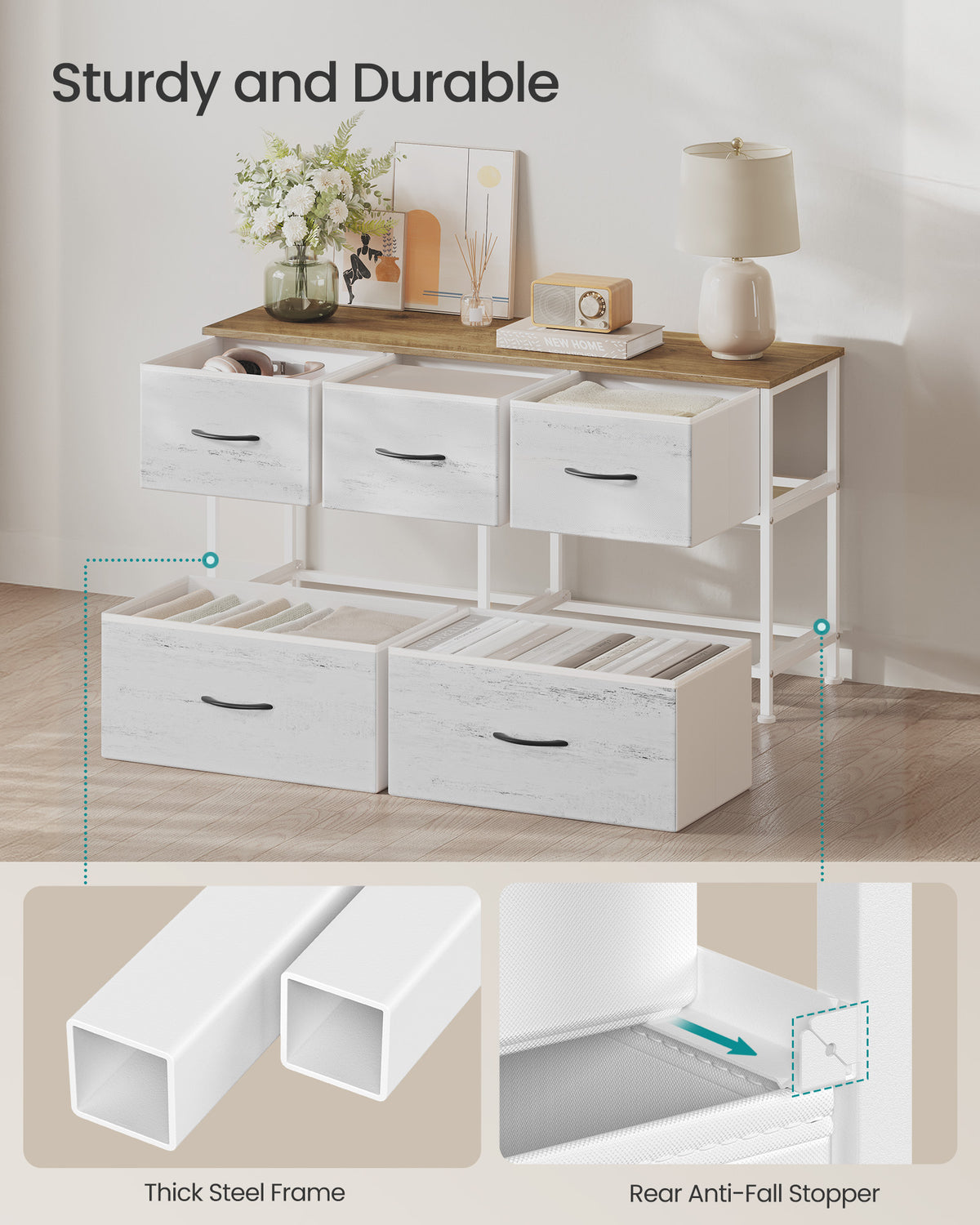 Dresser for Bedroom, 5-Drawer Storage Organizer & TV Stand, Rustic Brown, Steel Frame
