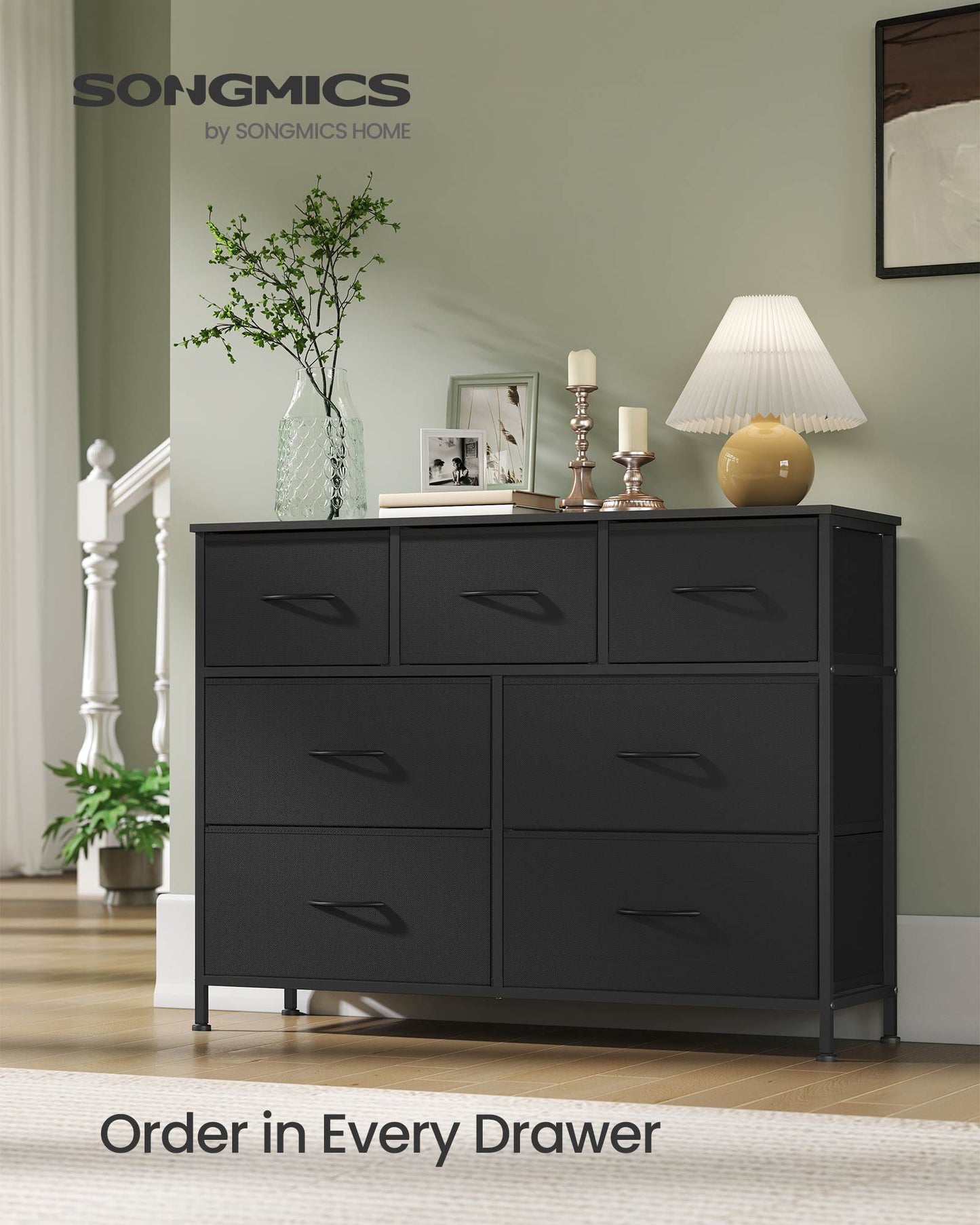 Dresser for Bedroom, 7-Drawer Storage Organizer & TV Stand, Ink Black, Steel Frame