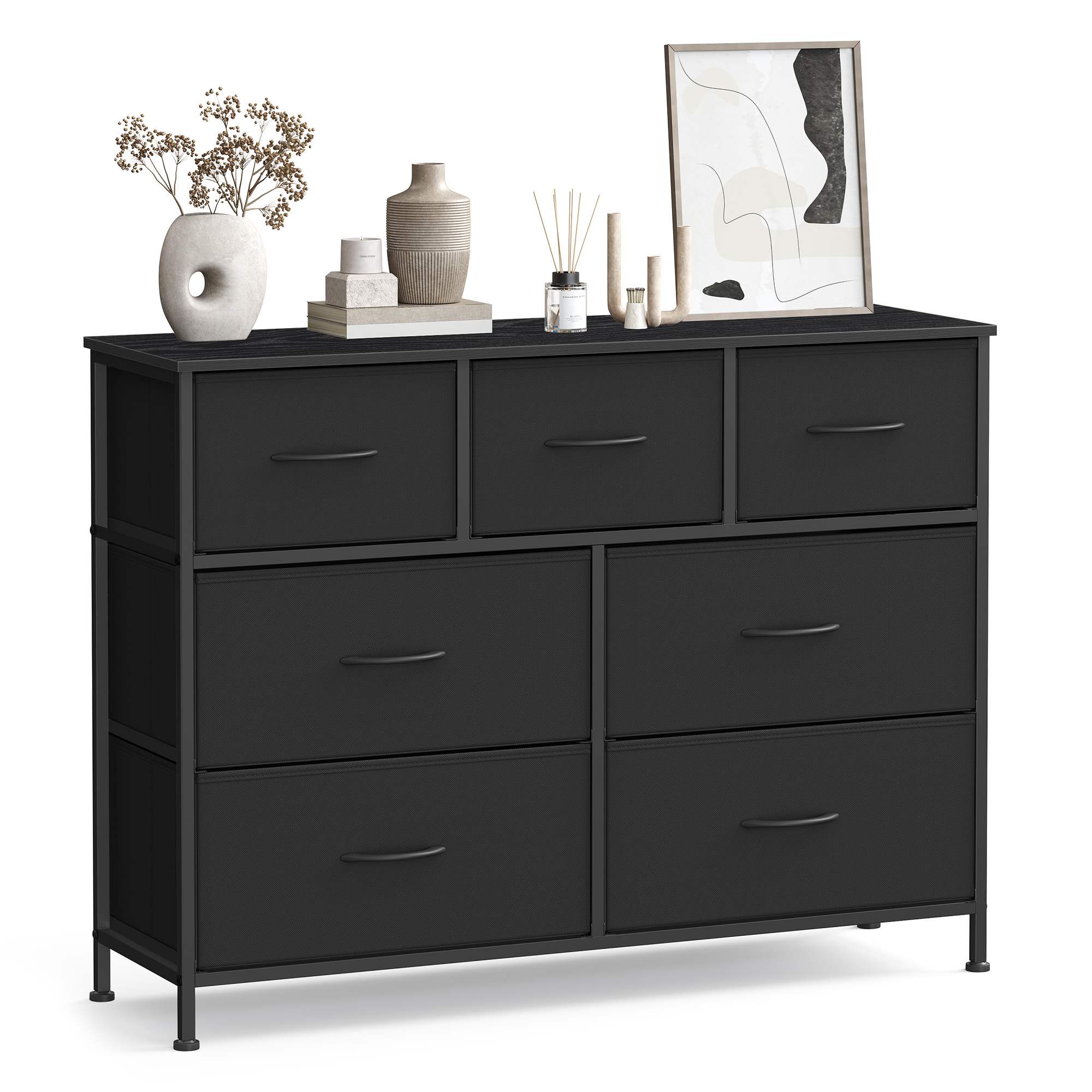 Dresser for Bedroom, 7-Drawer Storage Organizer & TV Stand, Ink Black, Steel Frame