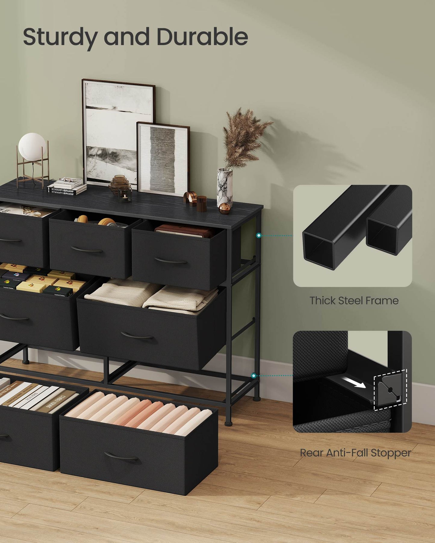 Dresser for Bedroom, 7-Drawer Storage Organizer & TV Stand, Ink Black, Steel Frame