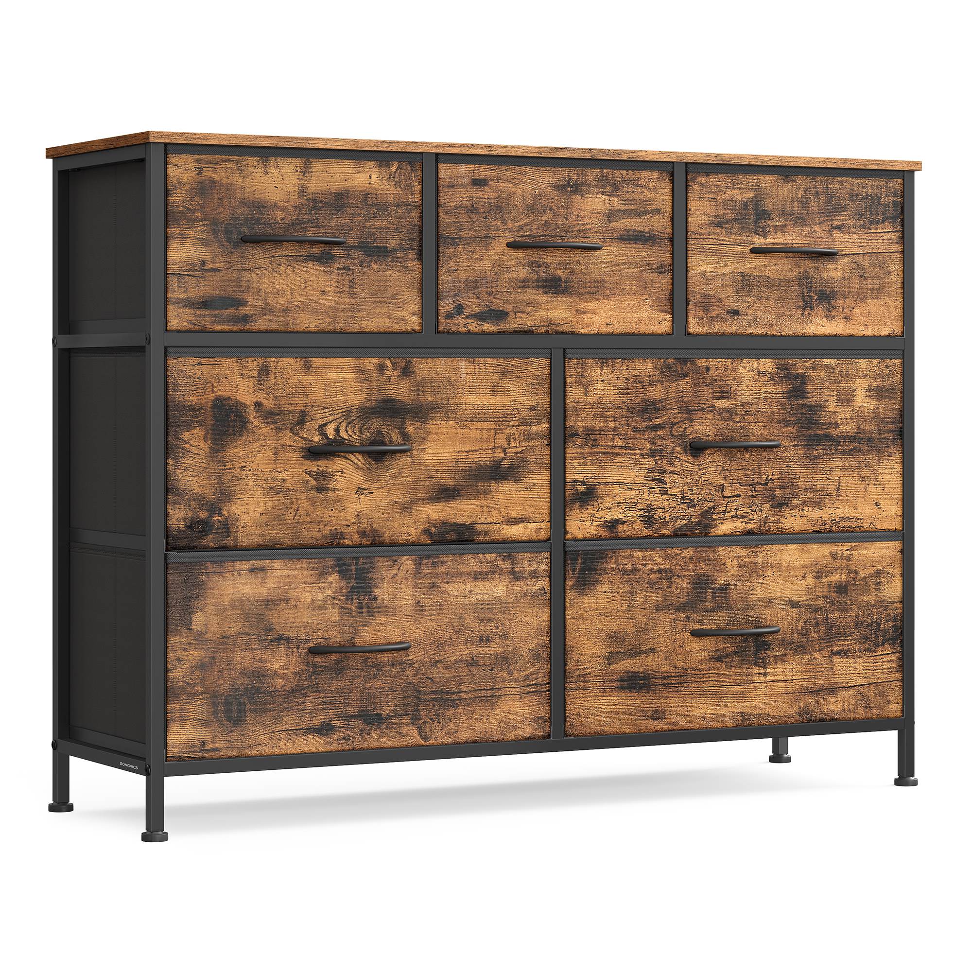 Dresser for Bedroom, 7-Drawer Storage Organizer, Rustic Brown & Ink Black, Steel Frame