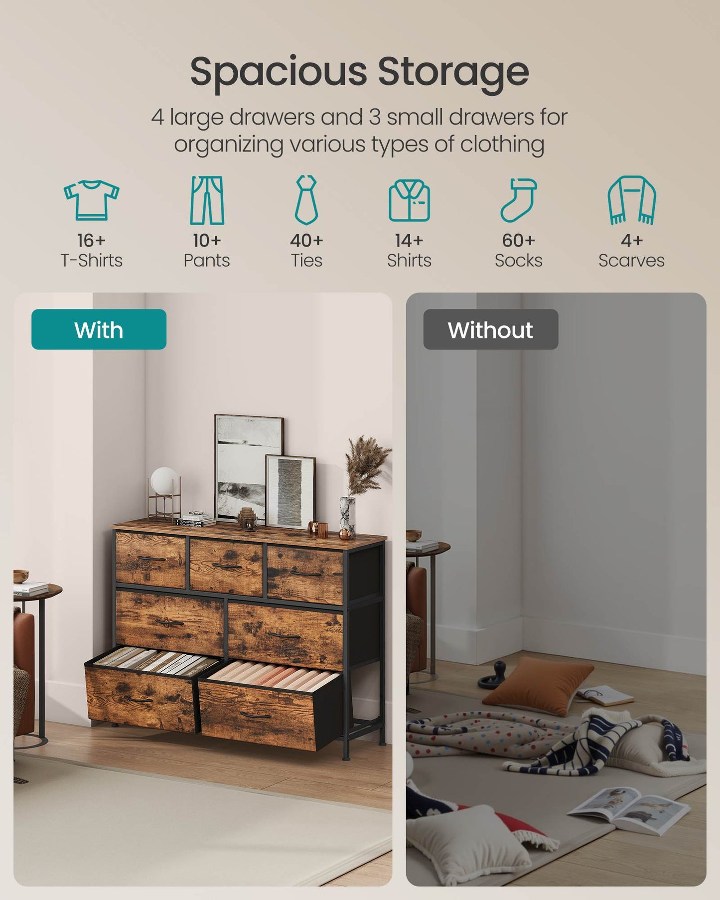 Dresser for Bedroom, 7-Drawer Storage Organizer, Rustic Brown & Ink Black, Steel Frame