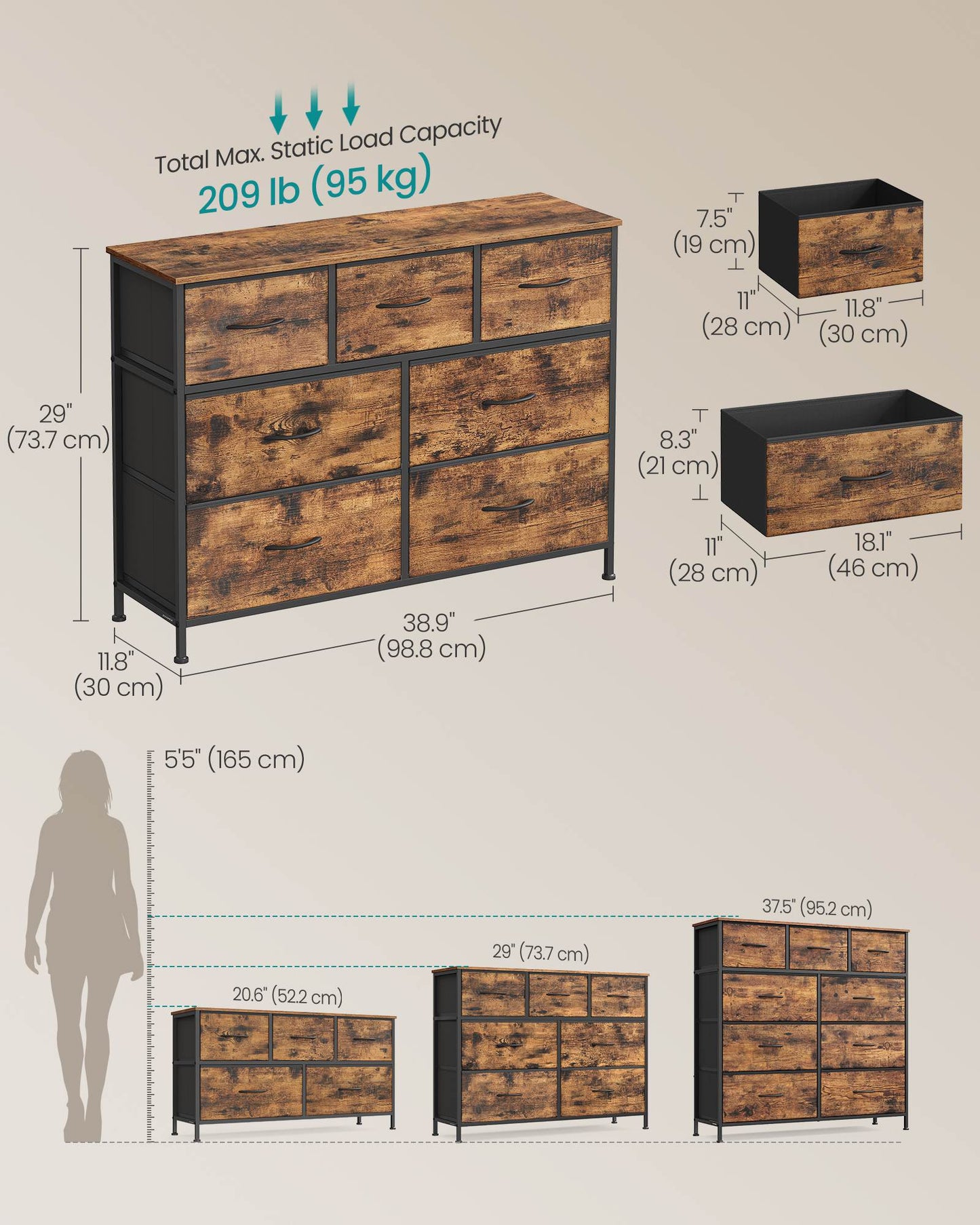 Dresser for Bedroom, 7-Drawer Storage Organizer, Rustic Brown & Ink Black, Steel Frame