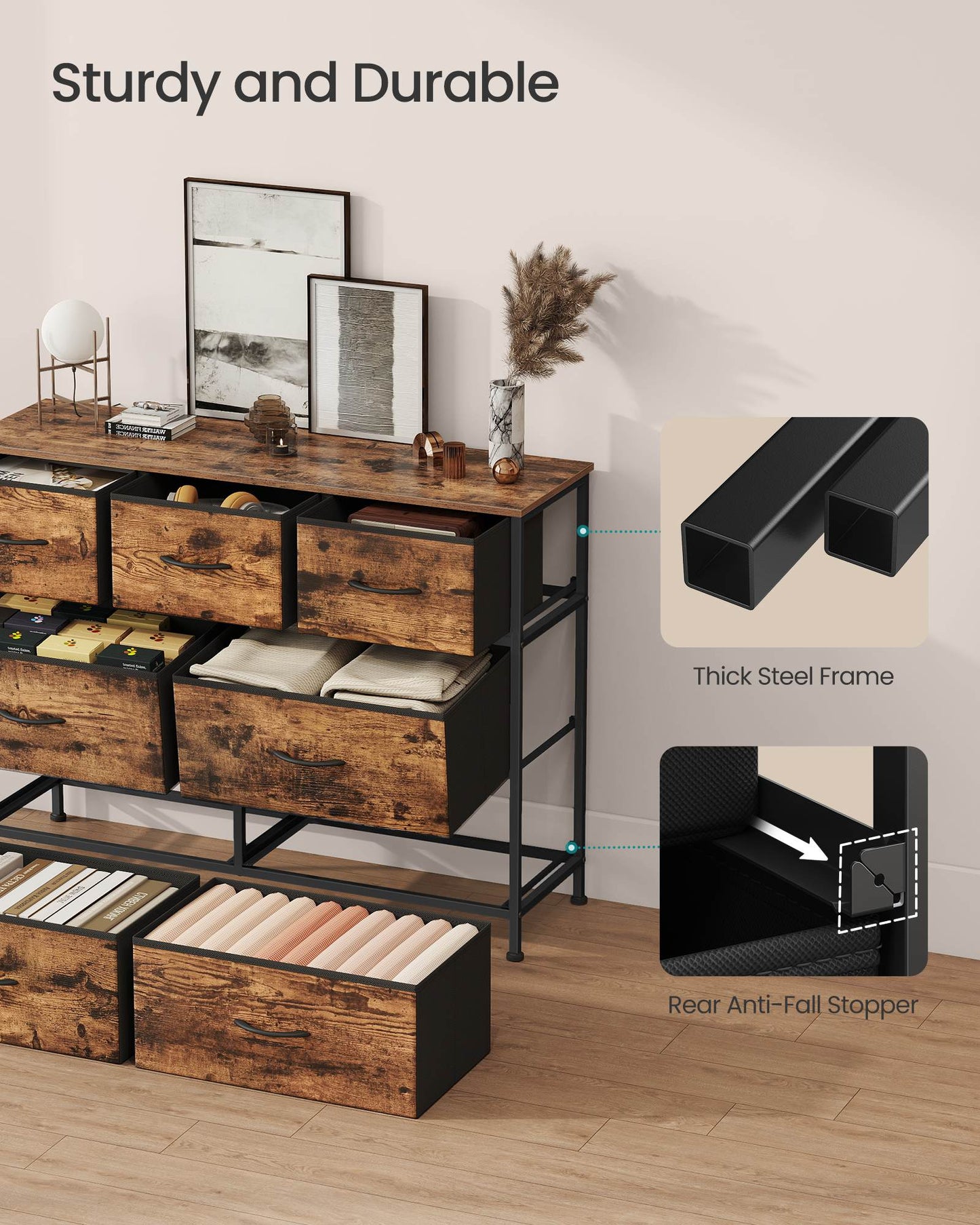 Dresser for Bedroom, 7-Drawer Storage Organizer, Rustic Brown & Ink Black, Steel Frame