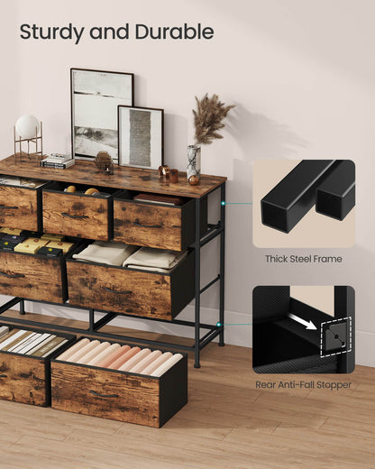 Dresser for Bedroom, 7-Drawer Storage Organizer, Rustic Brown & Ink Black, Steel Frame
