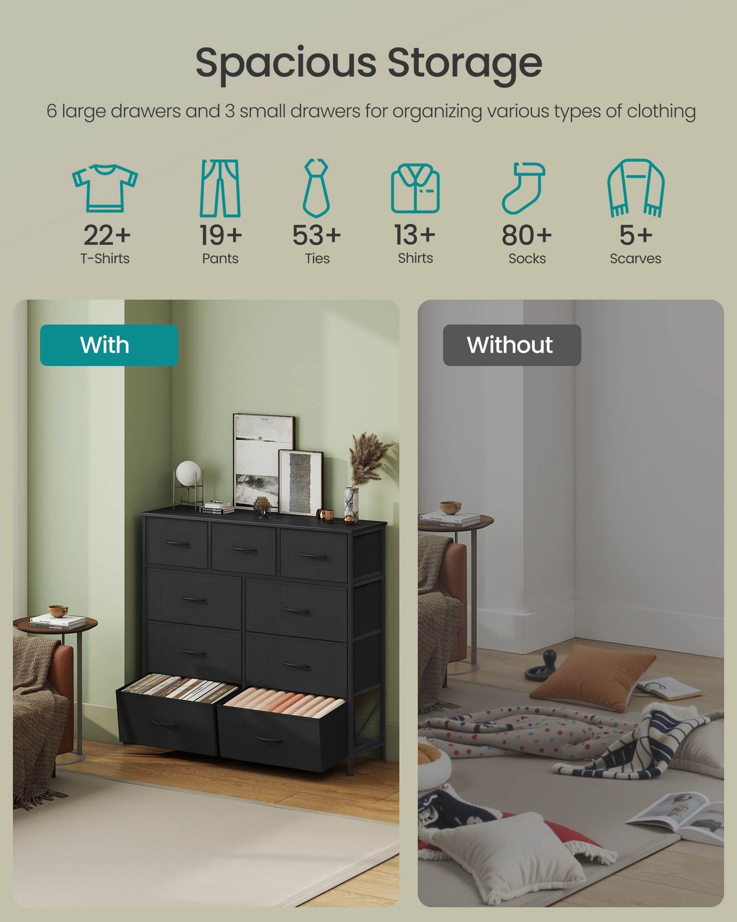 Dresser for Bedroom, 9-Drawer Storage Organizer, Ink Black & Ebony Black, Steel Frame