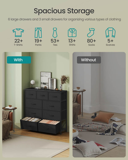 Dresser for Bedroom, 9-Drawer Storage Organizer, Ink Black & Ebony Black, Steel Frame