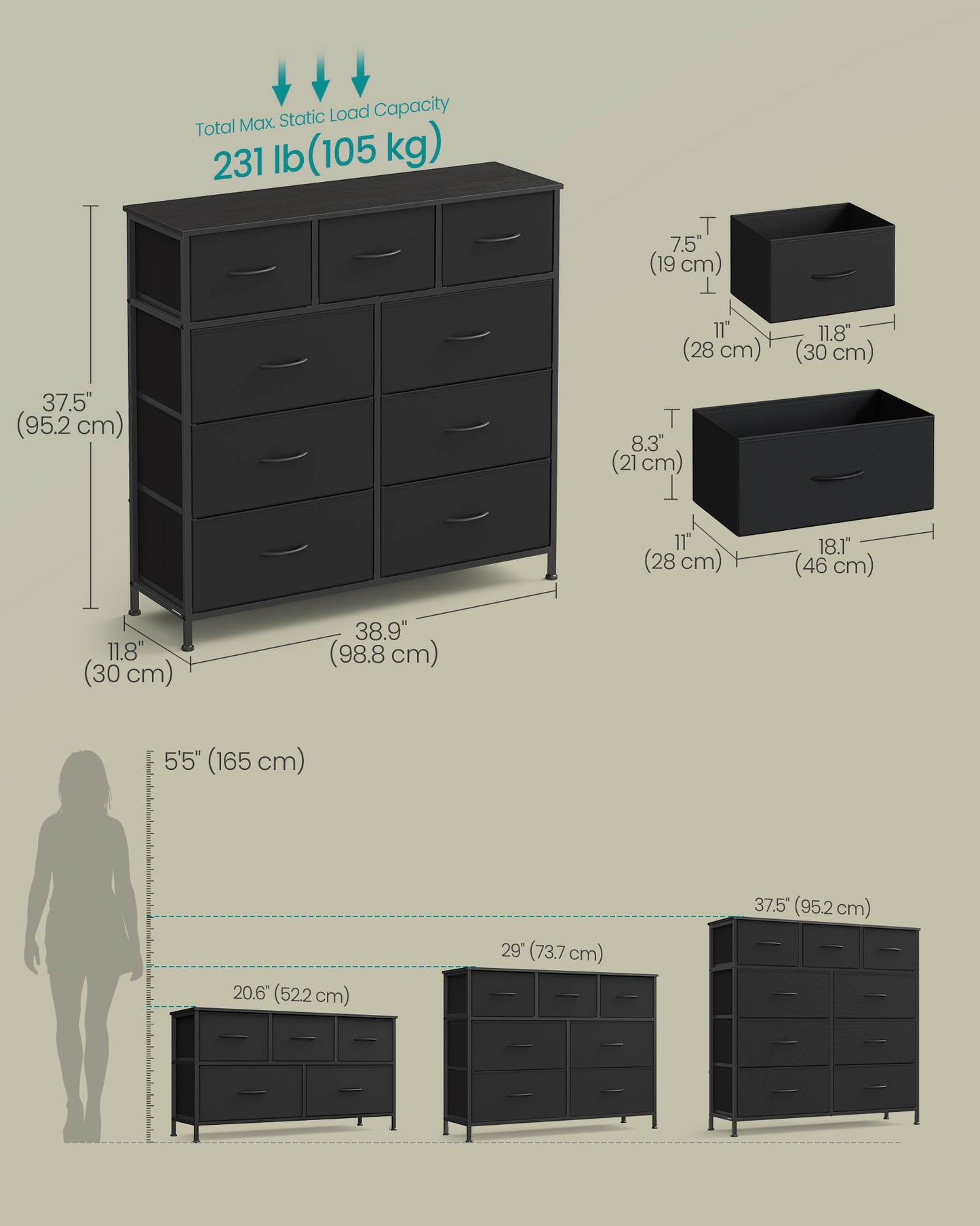Dresser for Bedroom, 9-Drawer Storage Organizer, Ink Black & Ebony Black, Steel Frame