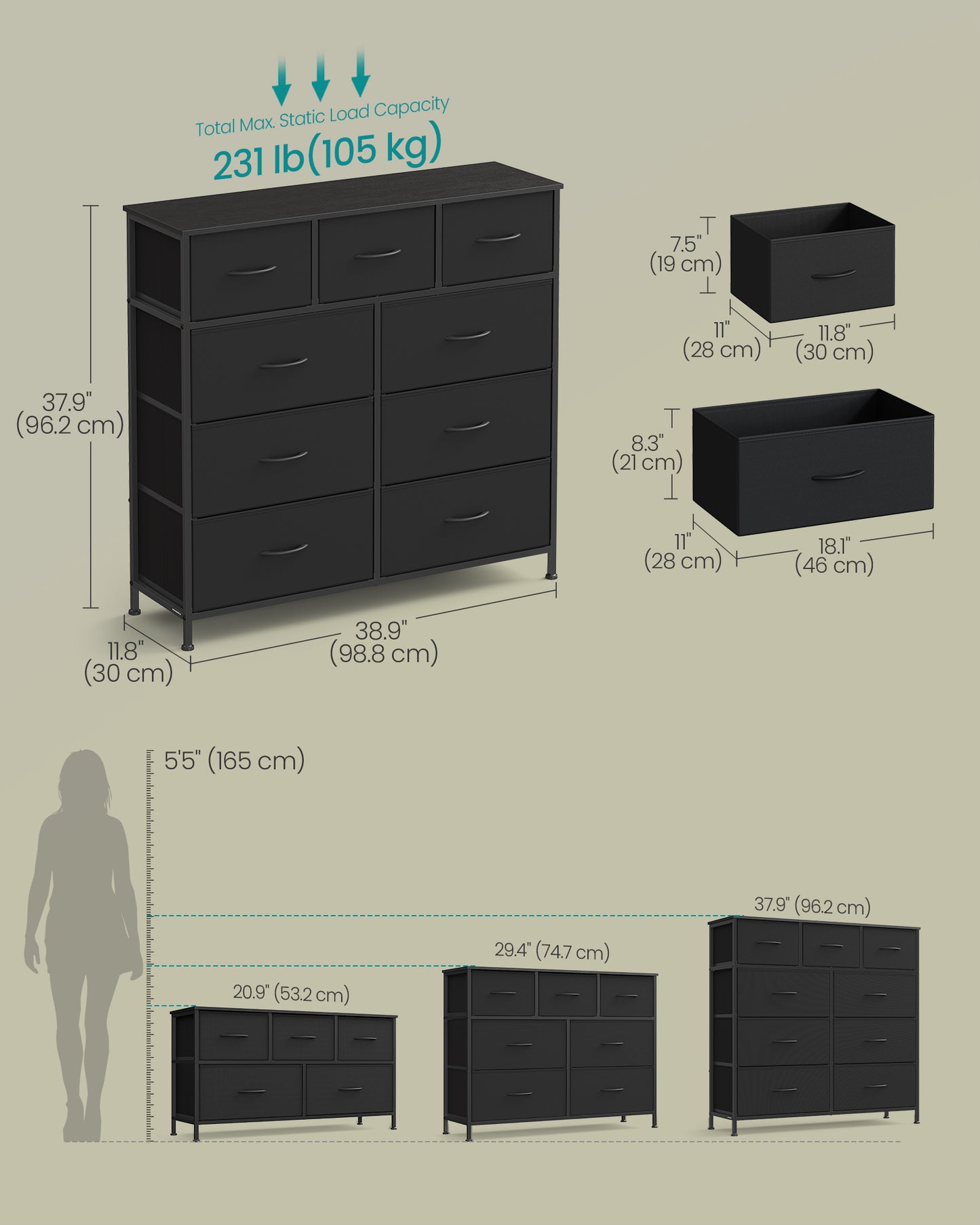 Wide Bedroom Storage Dresser with 9 Fabric Drawers - image 5