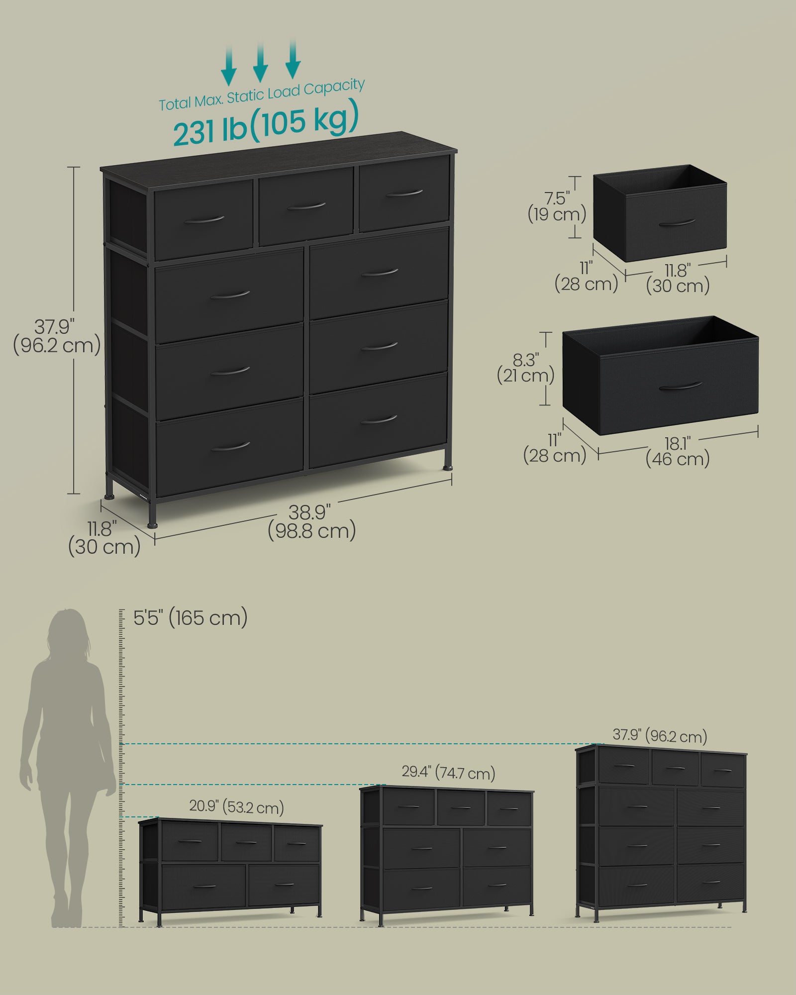 Wide Bedroom Storage Dresser with 9 Fabric Drawers - image 5