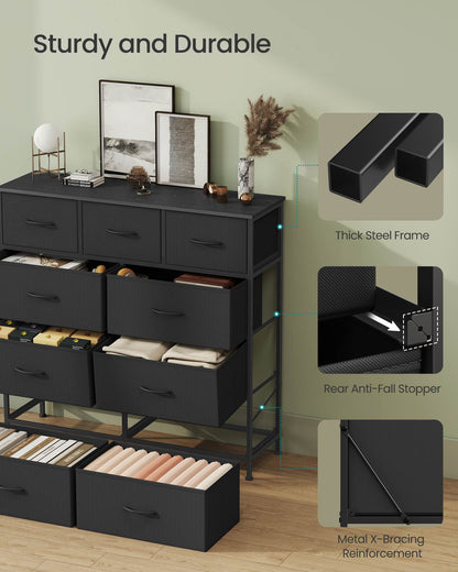 Dresser for Bedroom, 9-Drawer Storage Organizer, Ink Black & Ebony Black, Steel Frame