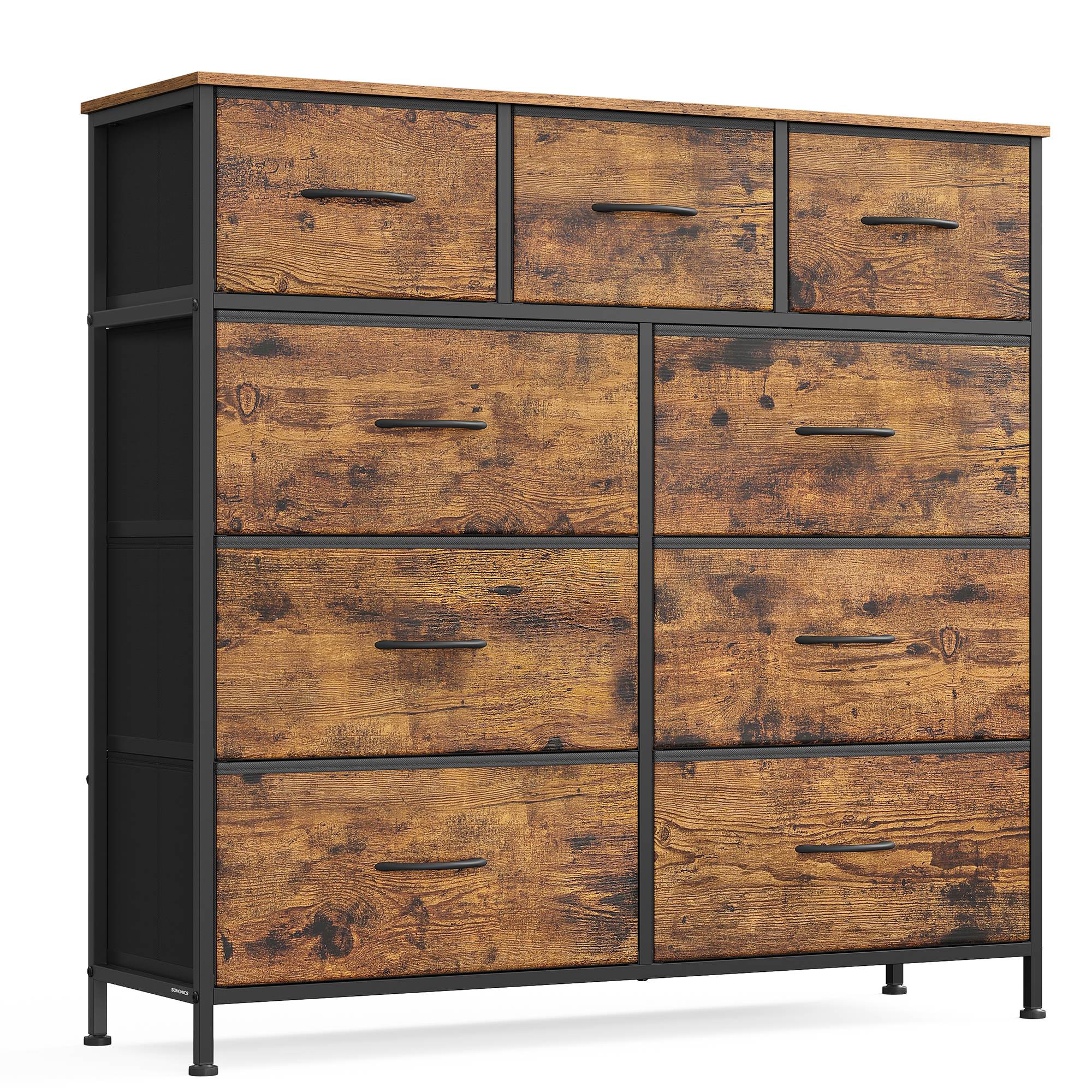 Dresser for Bedroom, 9-Drawer Storage Organizer, Rustic Brown & Ink Black, Steel Frame