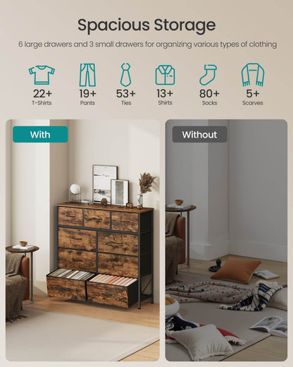 Dresser for Bedroom, 9-Drawer Storage Organizer, Rustic Brown & Ink Black, Steel Frame