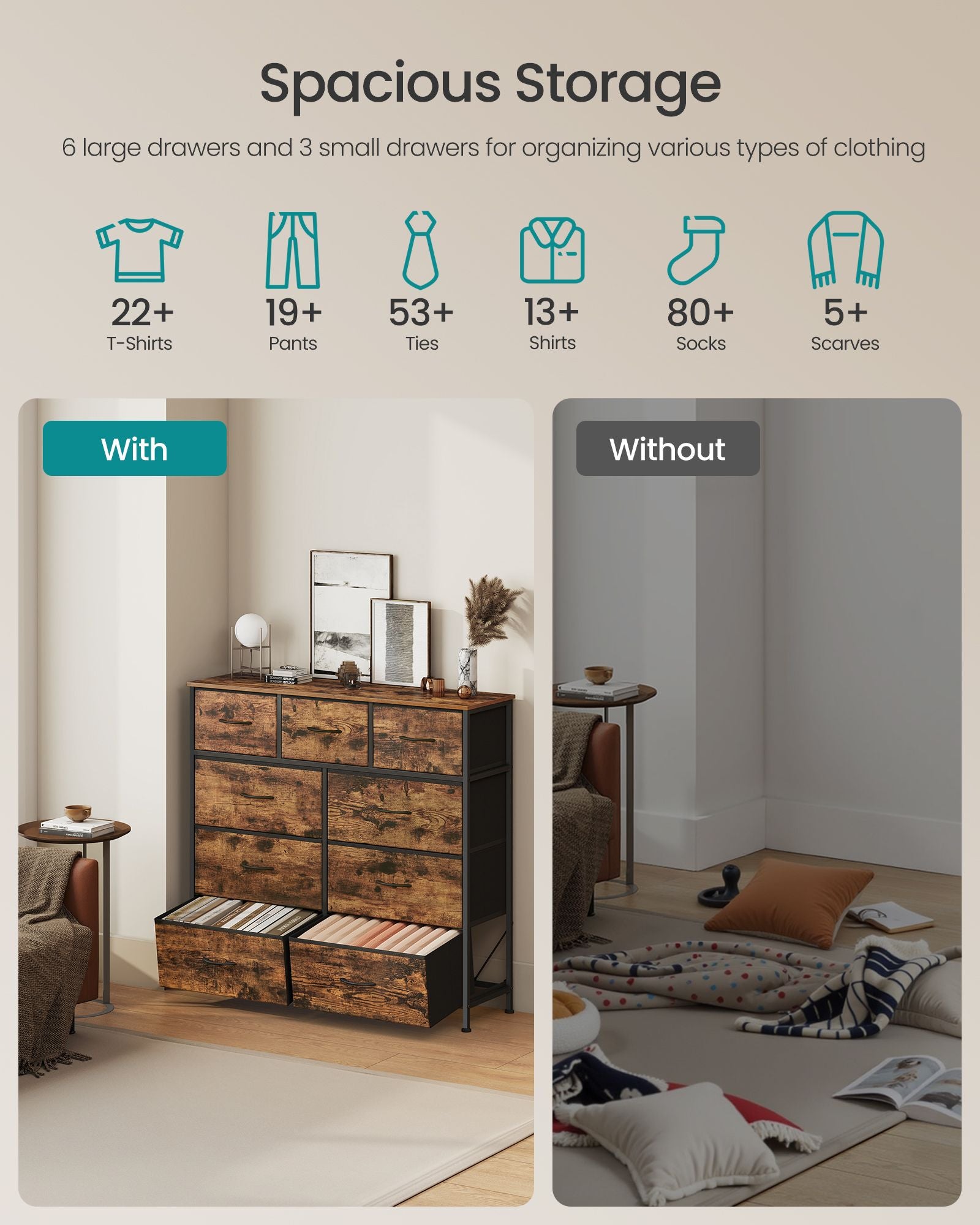 Wide Bedroom Storage Dresser with 9 Fabric Drawers - image 15
