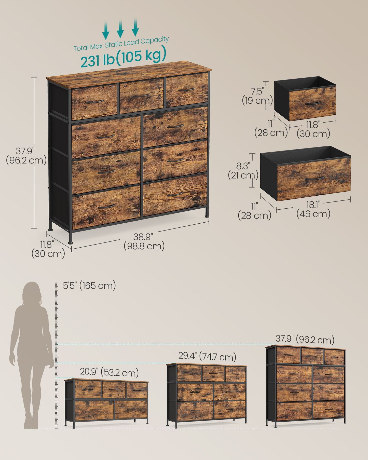 Wide Bedroom Storage Dresser with 9 Fabric Drawers - image 17