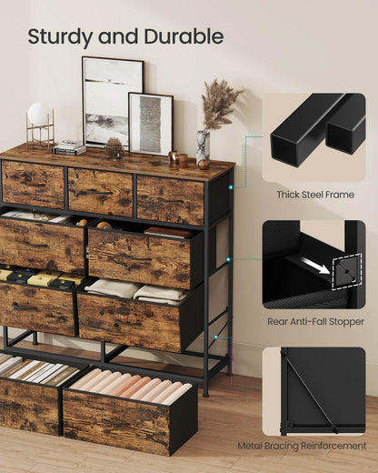 Dresser for Bedroom, 9-Drawer Storage Organizer, Rustic Brown & Ink Black, Steel Frame