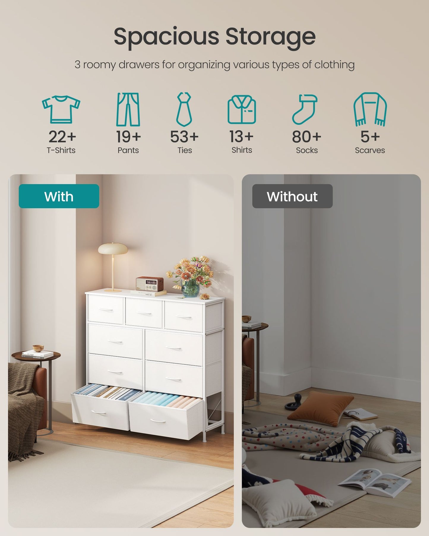 Wide Bedroom Storage Dresser with 9 Fabric Drawers - image 9