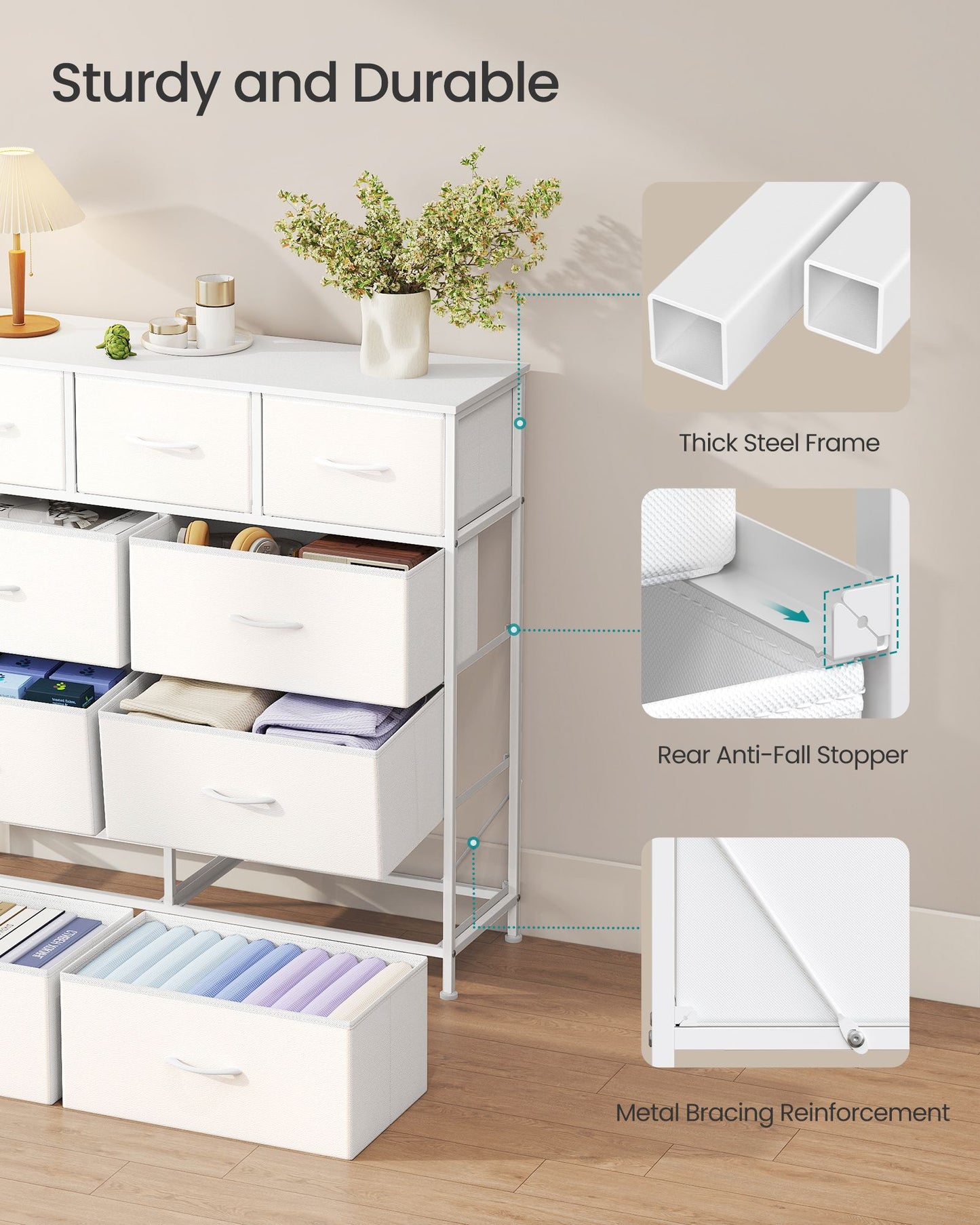 Wide Bedroom Storage Dresser with 9 Fabric Drawers - image 12