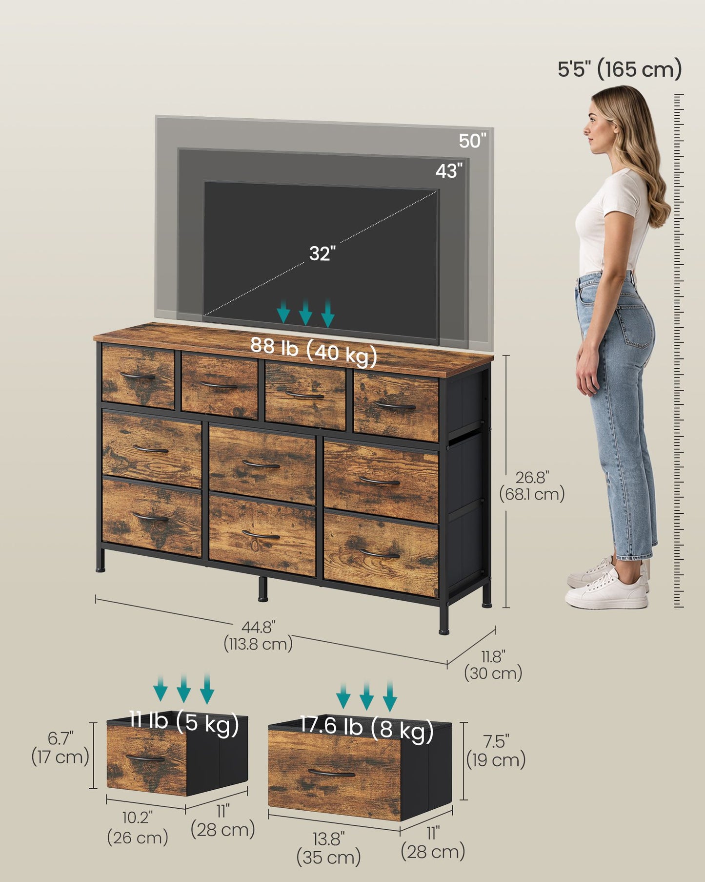 Dresser for Bedroom, Wide Dresser with 10 Fabric Drawers, 11.8"D x 44.8"W x 26.8"H (10 Drawers), Ink Black - image 7