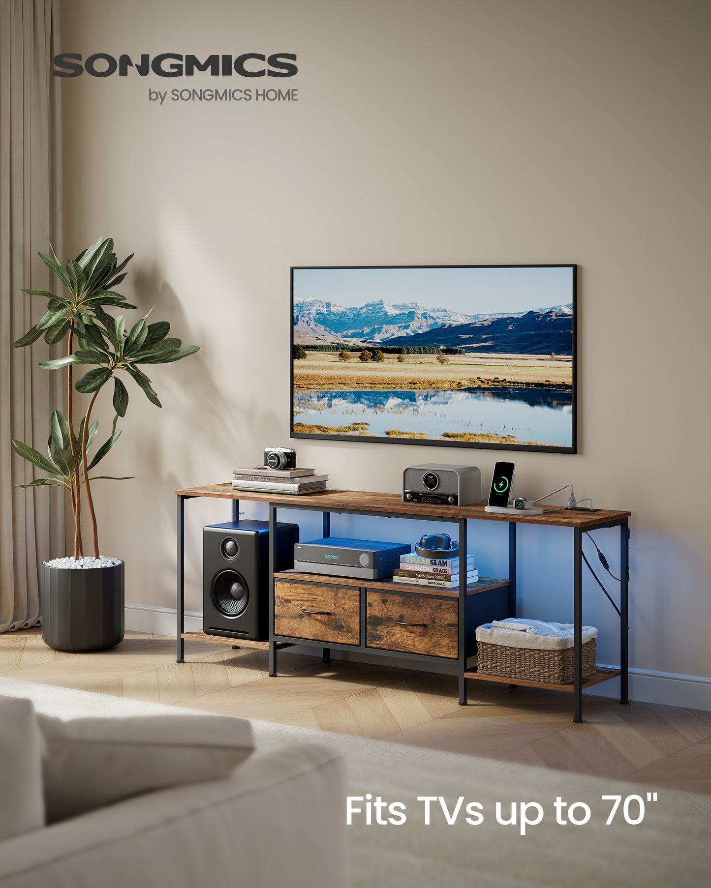 TV Stand with Power Outlets and Lights - Ink Black - image 14