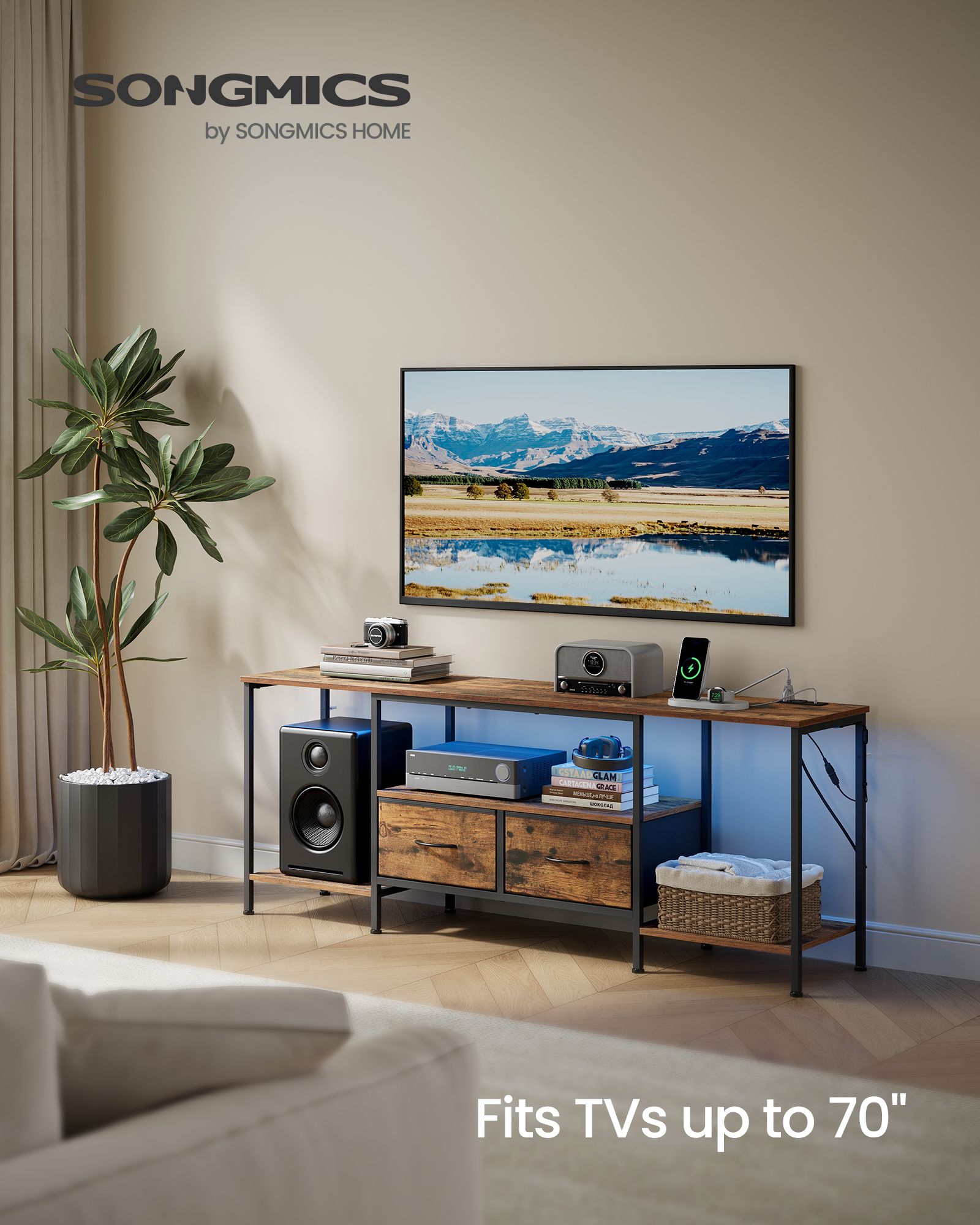 TV Stand with Power Outlets and Lights - Ink Black - image 14