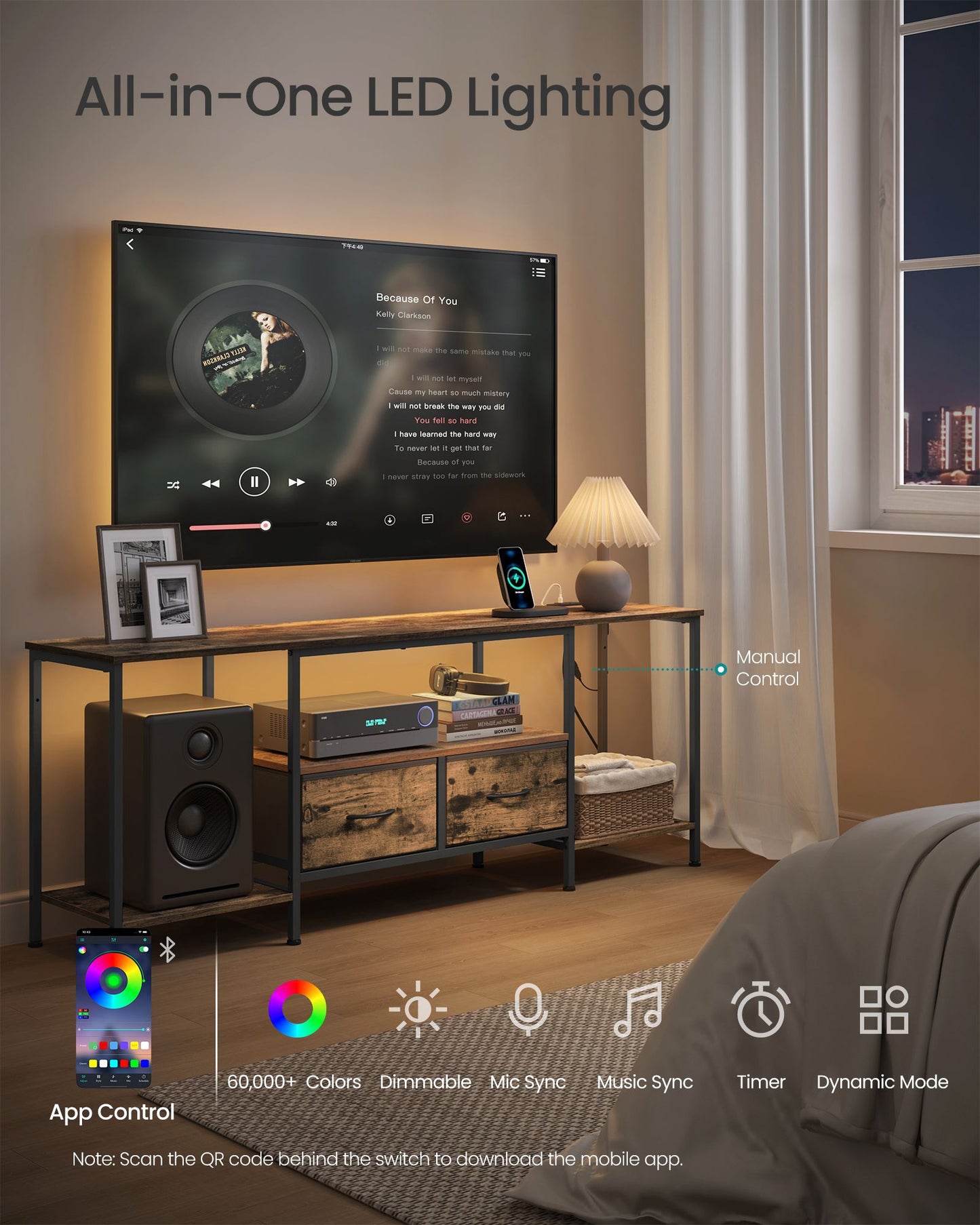 TV Stand with Power Outlets and Lights - Ink Black - image 15