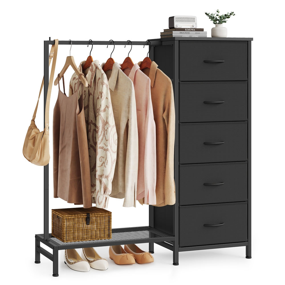 3-in-1 Dresser with Garment Rack, 5 Fabric Drawers & Bottom Shelf - image 1