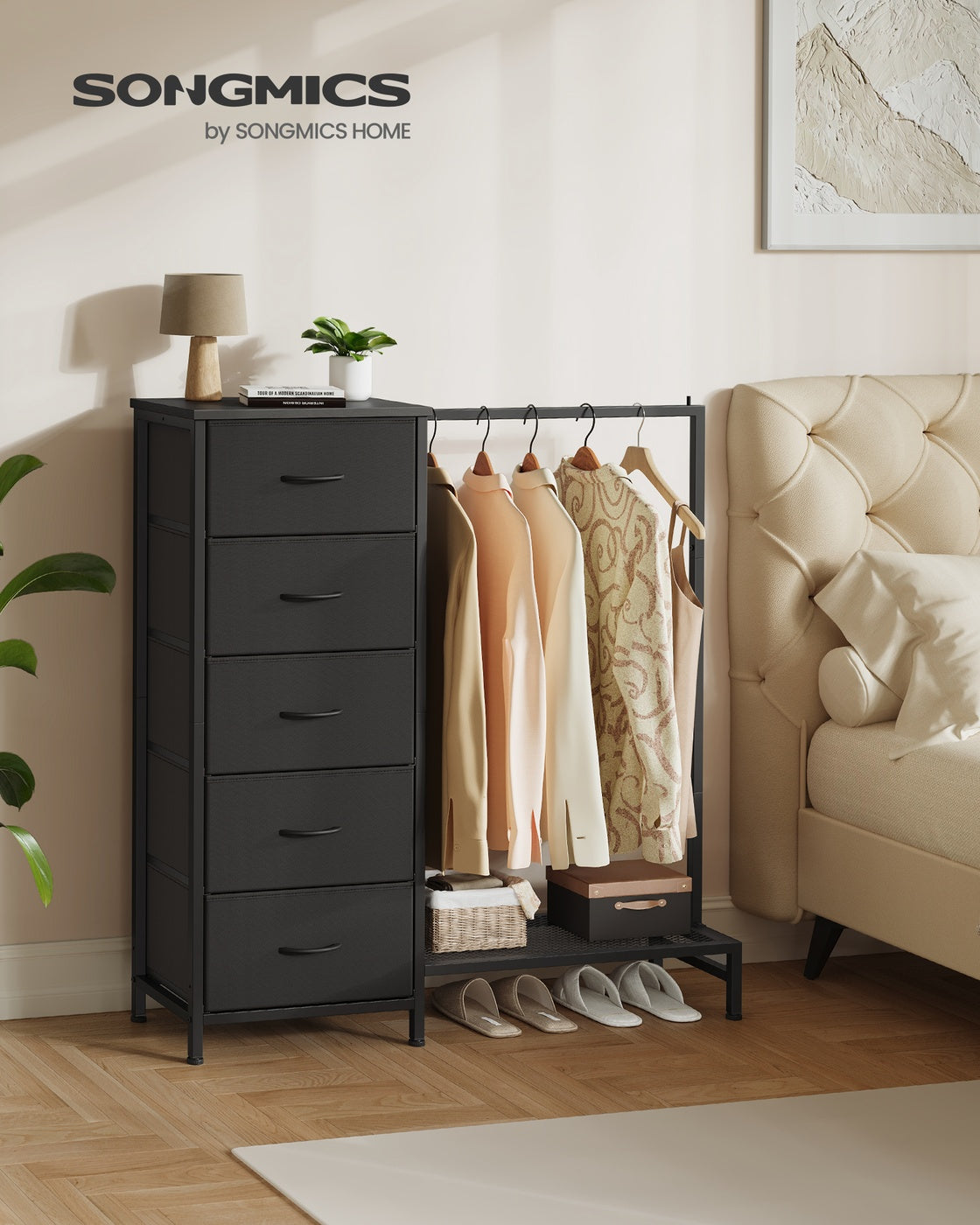 3-in-1 Dresser with Garment Rack, 5 Fabric Drawers & Bottom Shelf - image 2