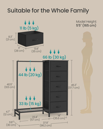 3-in-1 Dresser with Garment Rack, 5 Fabric Drawers & Bottom Shelf - image 3