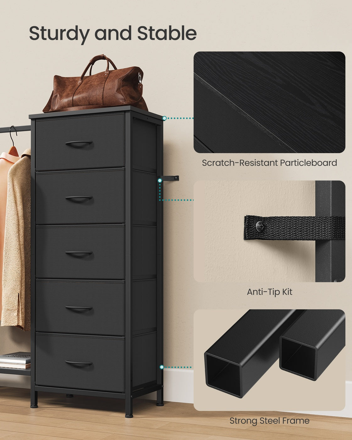 3-in-1 Dresser with Garment Rack, 5 Fabric Drawers & Bottom Shelf - image 6