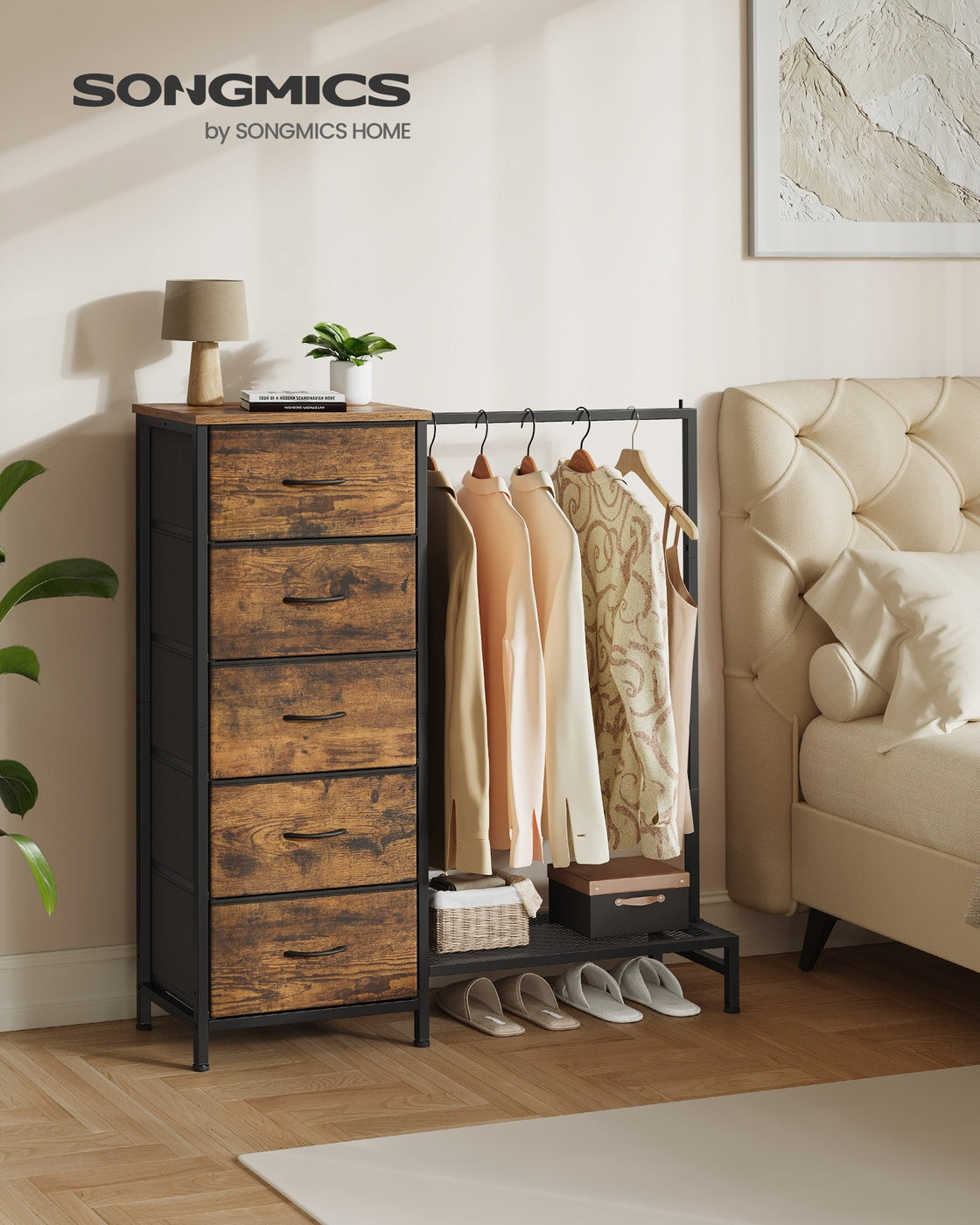 3-in-1 Dresser with Garment Rack, 5 Fabric Drawers & Bottom Shelf - image 16