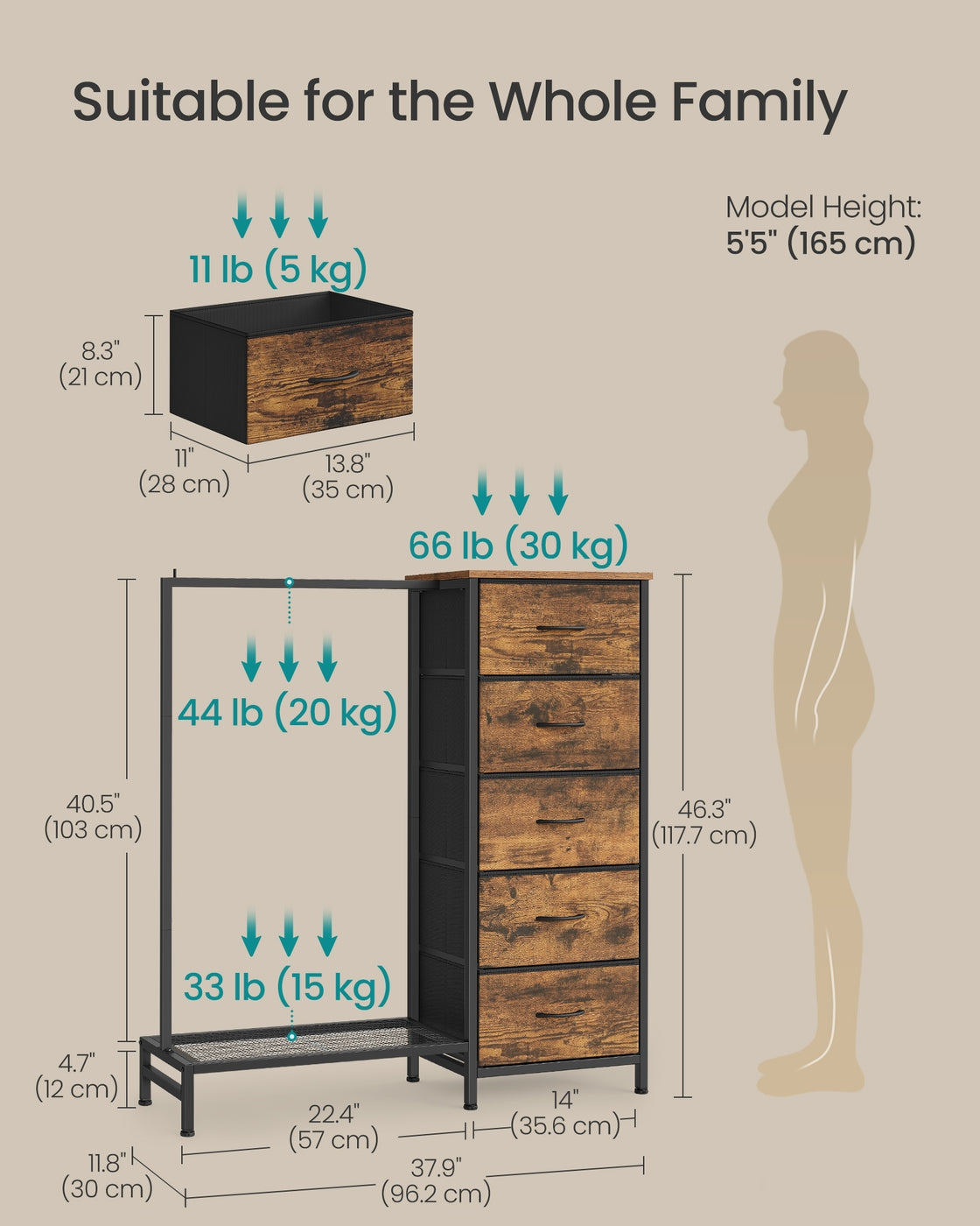 3-in-1 Dresser with Garment Rack, 5 Fabric Drawers & Bottom Shelf - image 17