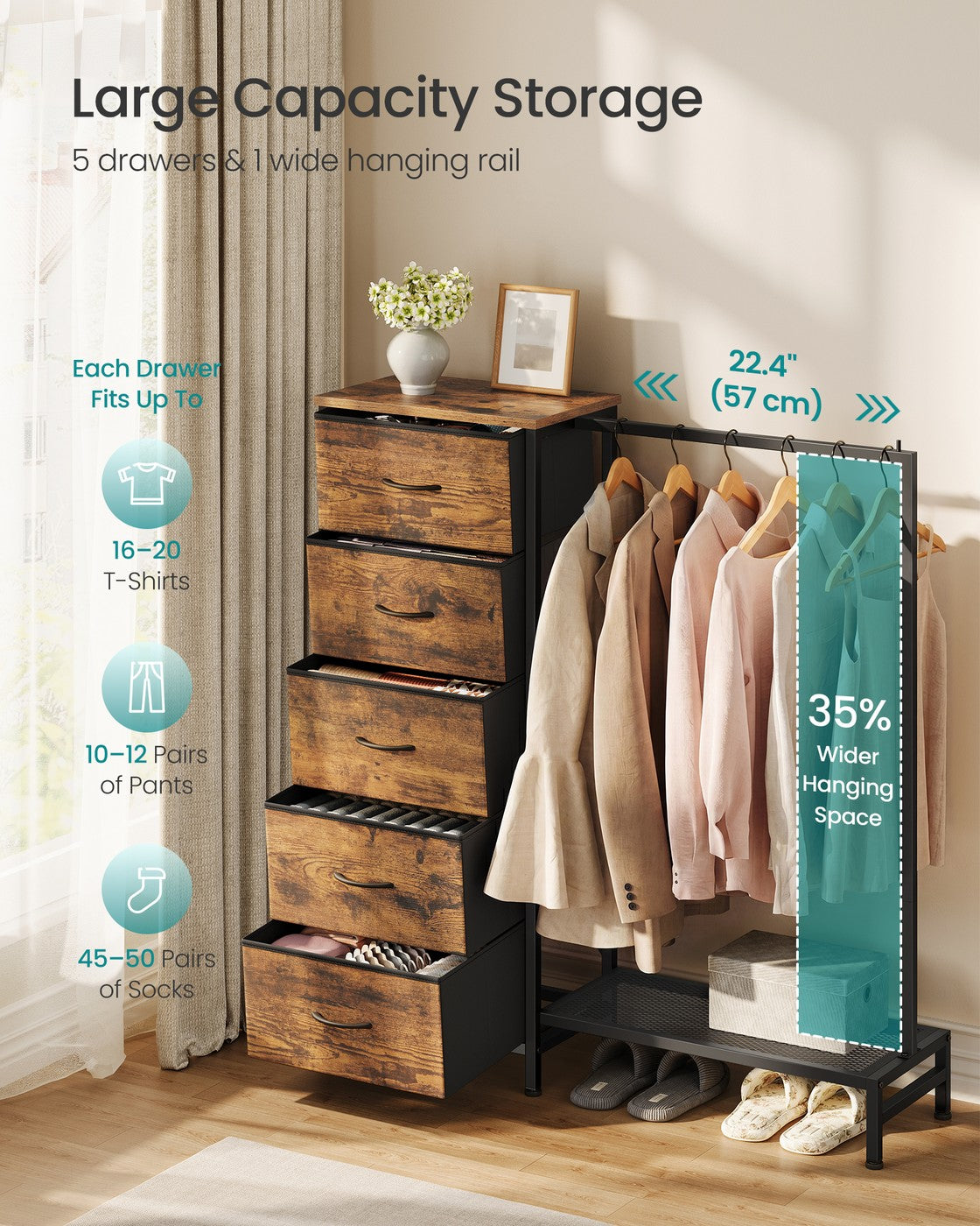 3-in-1 Dresser with Garment Rack, 5 Fabric Drawers & Bottom Shelf - image 18