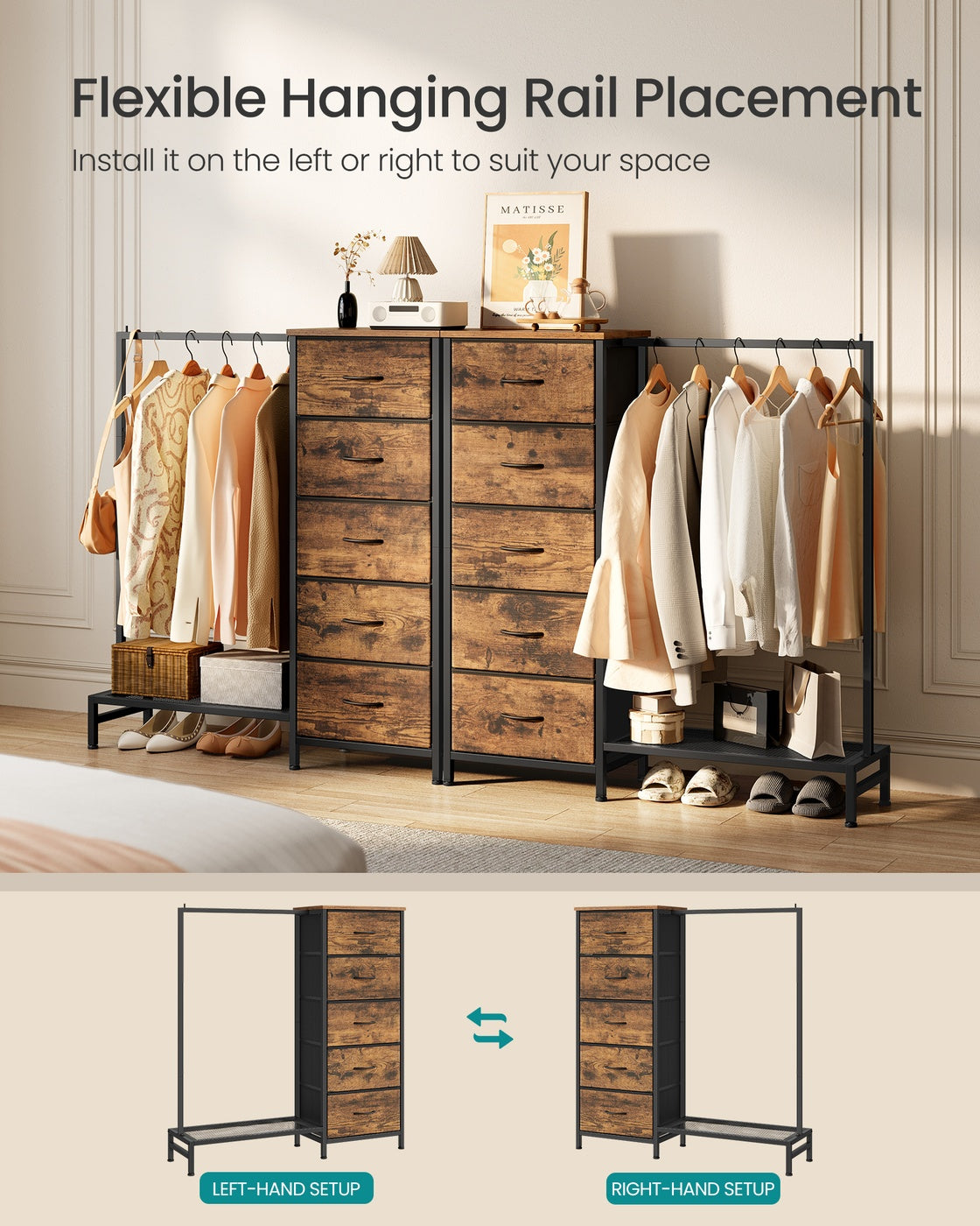 3-in-1 Dresser with Garment Rack, 5 Fabric Drawers & Bottom Shelf - image 19