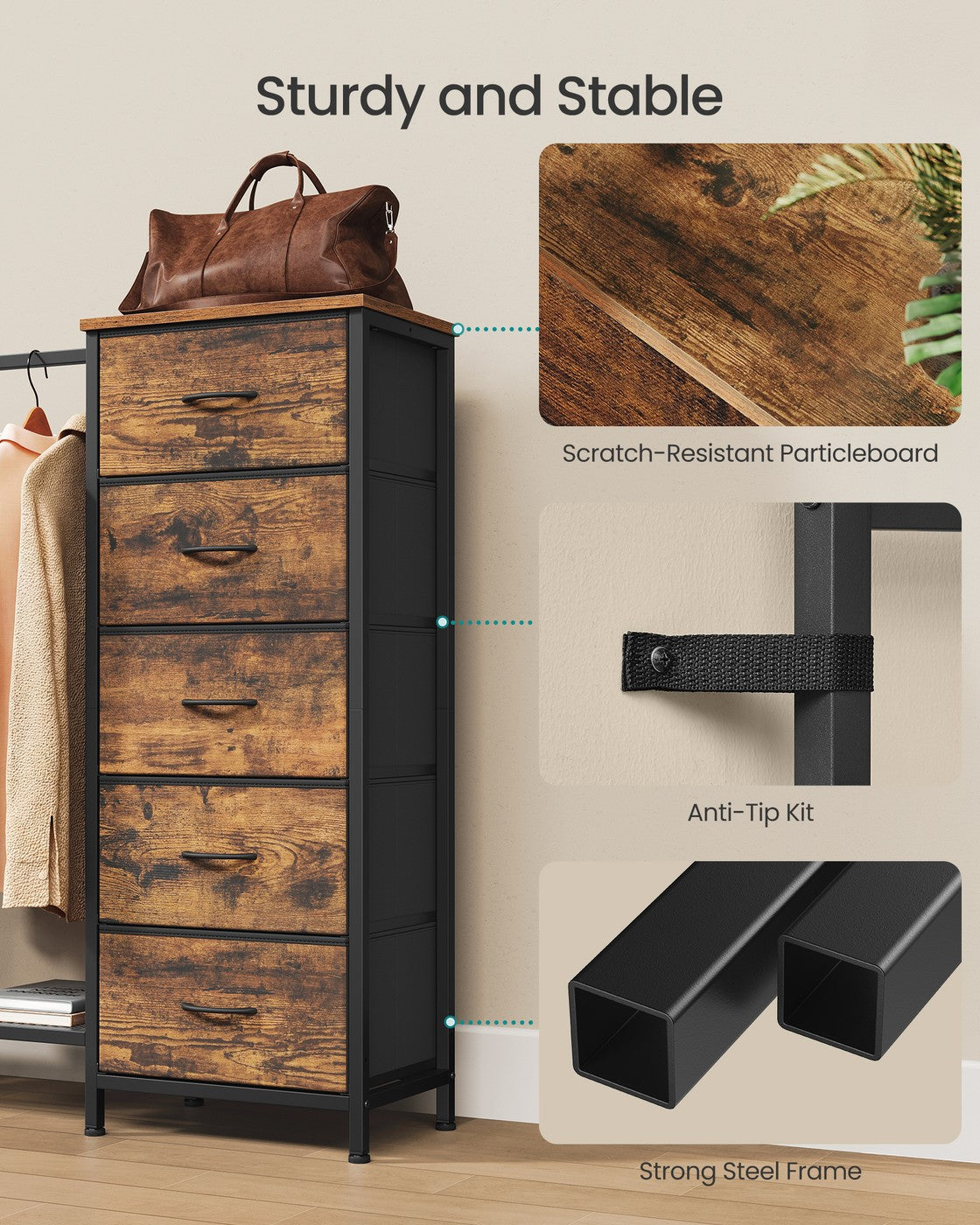 3-in-1 Dresser with Garment Rack, 5 Fabric Drawers & Bottom Shelf - image 20