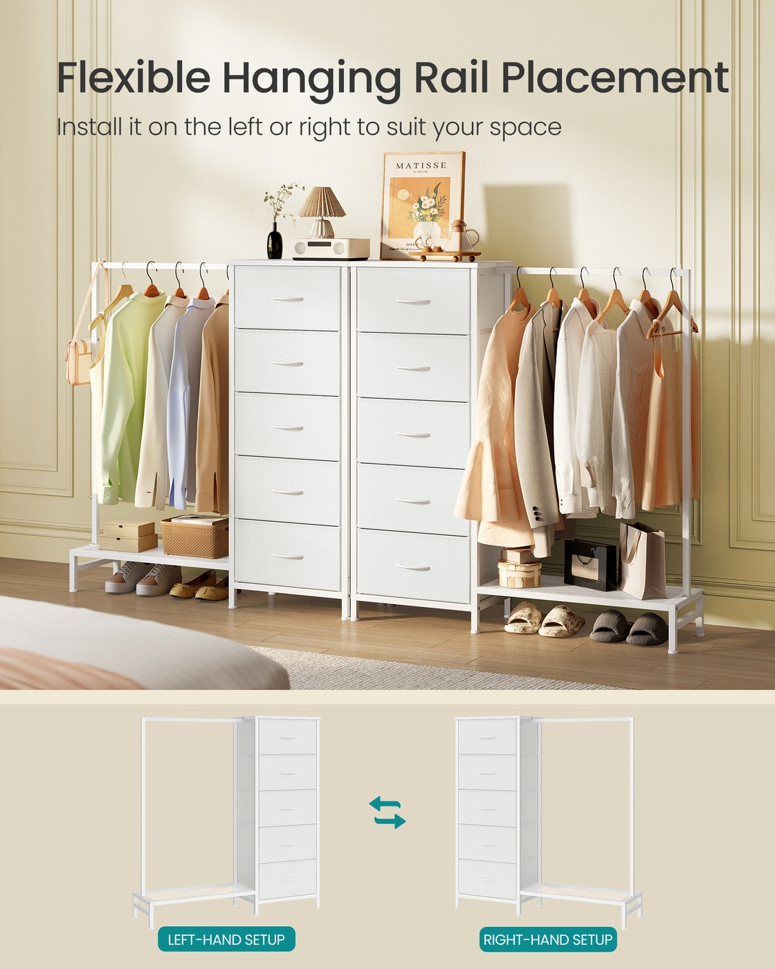 3-in-1 Dresser with Garment Rack, 5 Fabric Drawers & Bottom Shelf - image 12