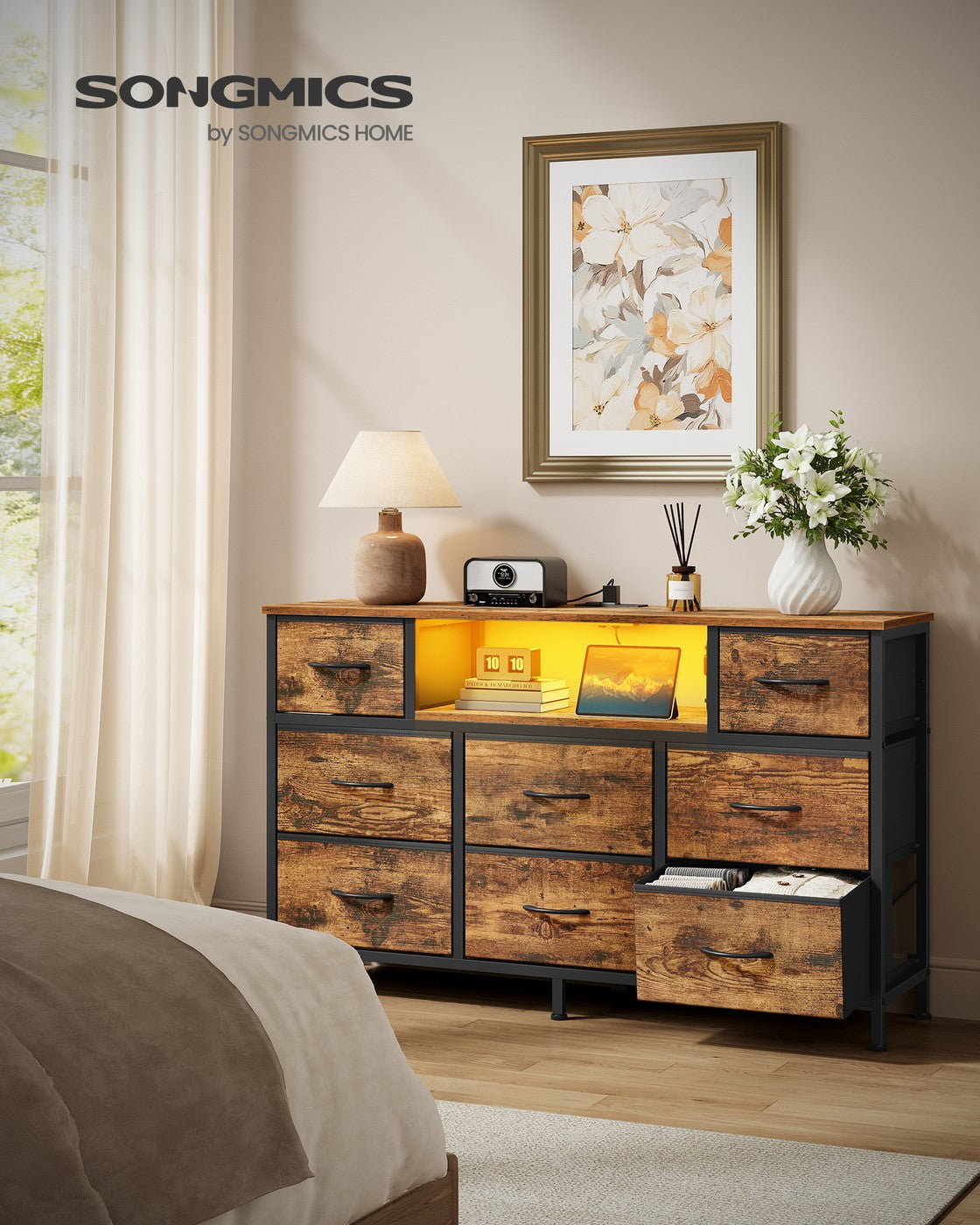 Dresser for Bedroom with Outlets and LED Lights, TV Stand