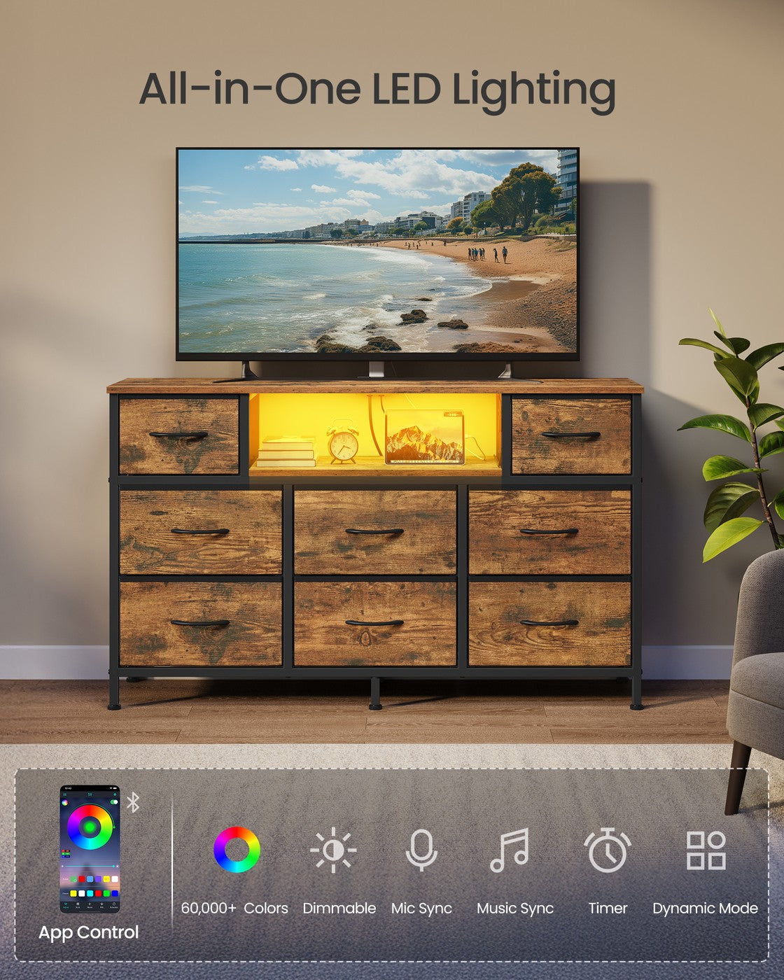 Dresser for Bedroom with Outlets and LED Lights, TV Stand