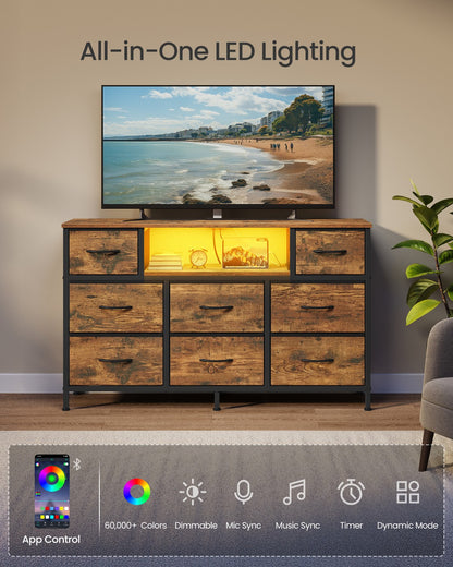 Dresser for Bedroom with Outlets and LED Lights, TV Stand