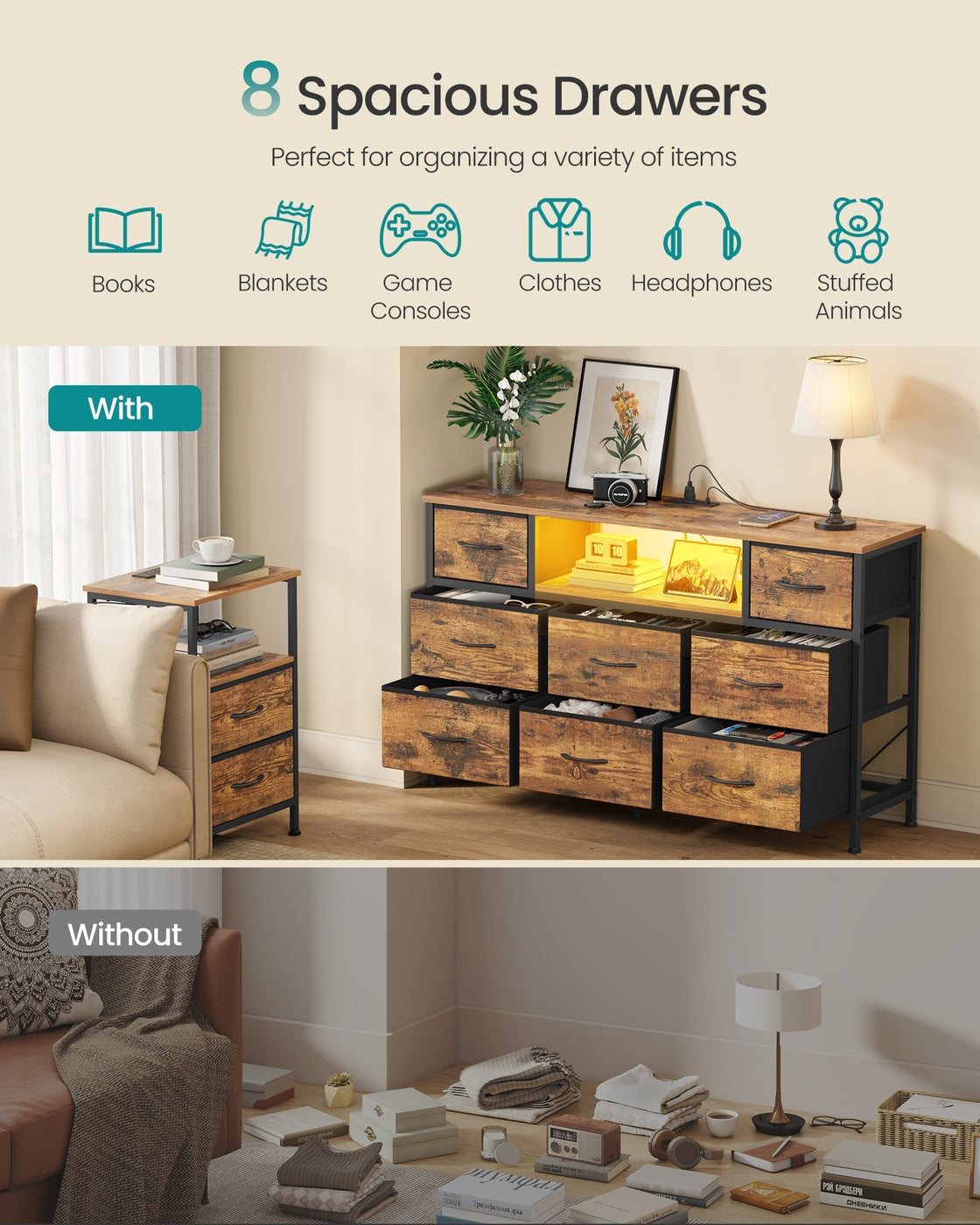 Dresser for Bedroom with Outlets and LED Lights, TV Stand