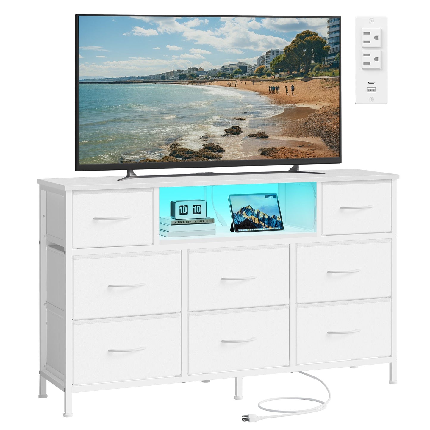 Dresser for Bedroom with Outlets and LED Lights, TV Stand
