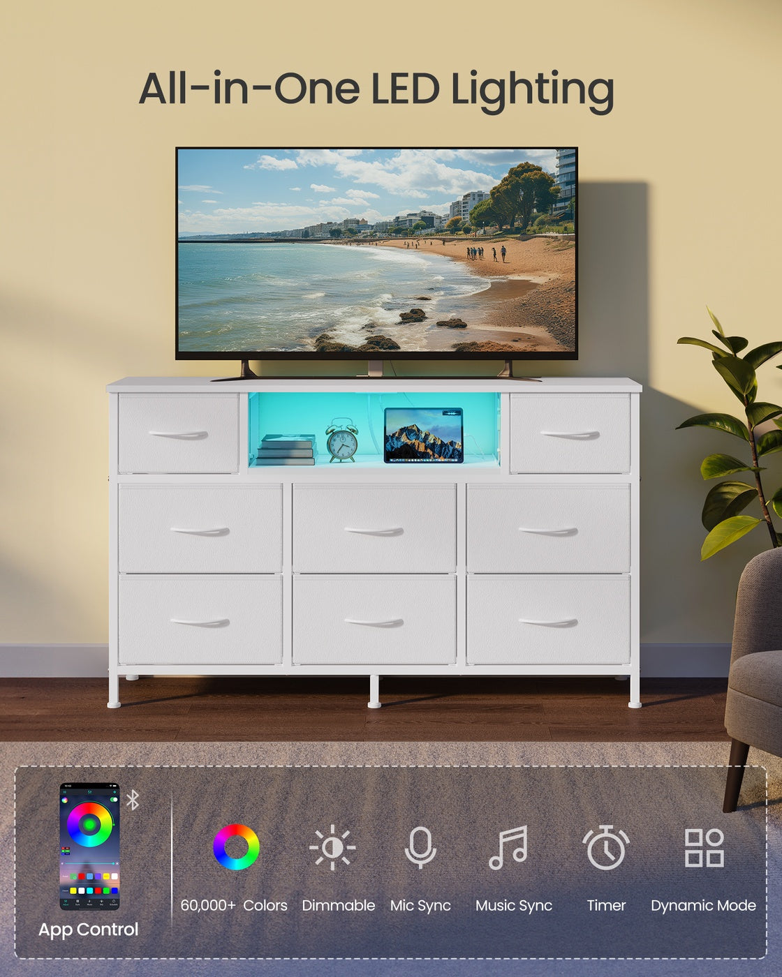 Dresser for Bedroom with Outlets and LED Lights, TV Stand