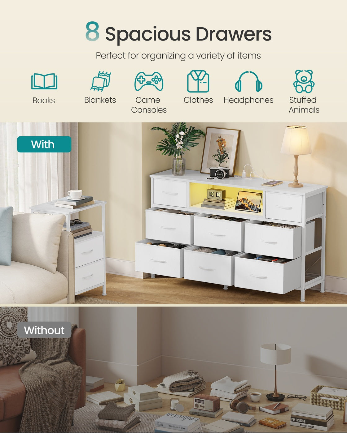 Dresser for Bedroom with Outlets and LED Lights, TV Stand